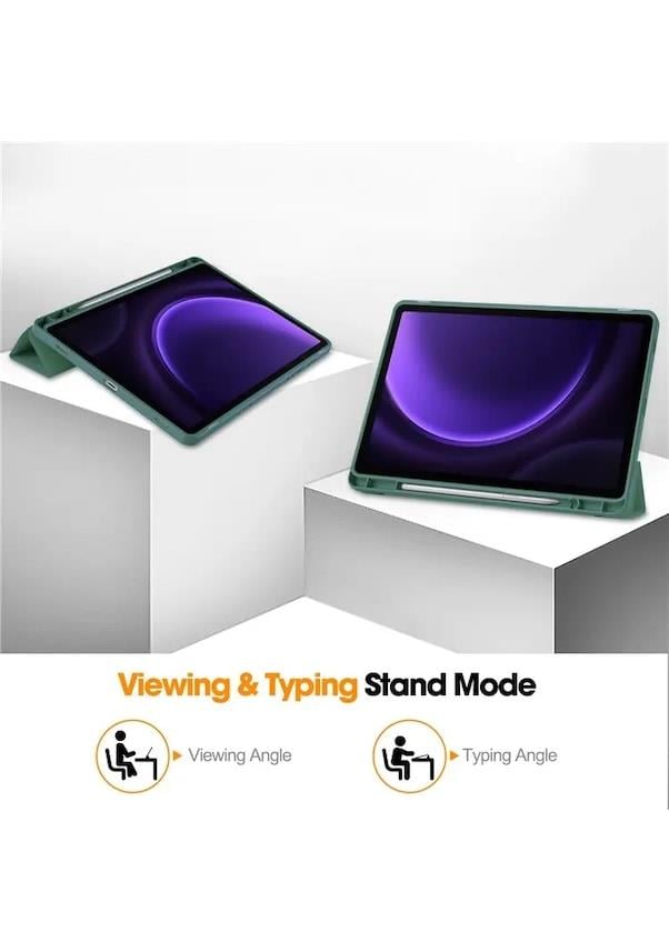 Samsung Galaxy Tab S9 FE Deri Kılıf Üç Katlı Stant Kalem Yuvası Tablet Kapağı