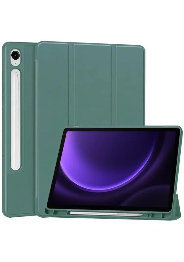 Samsung Galaxy Tab S9 FE Deri Kılıf Üç Katlı Stant Kalem Yuvası Tablet Kapağı