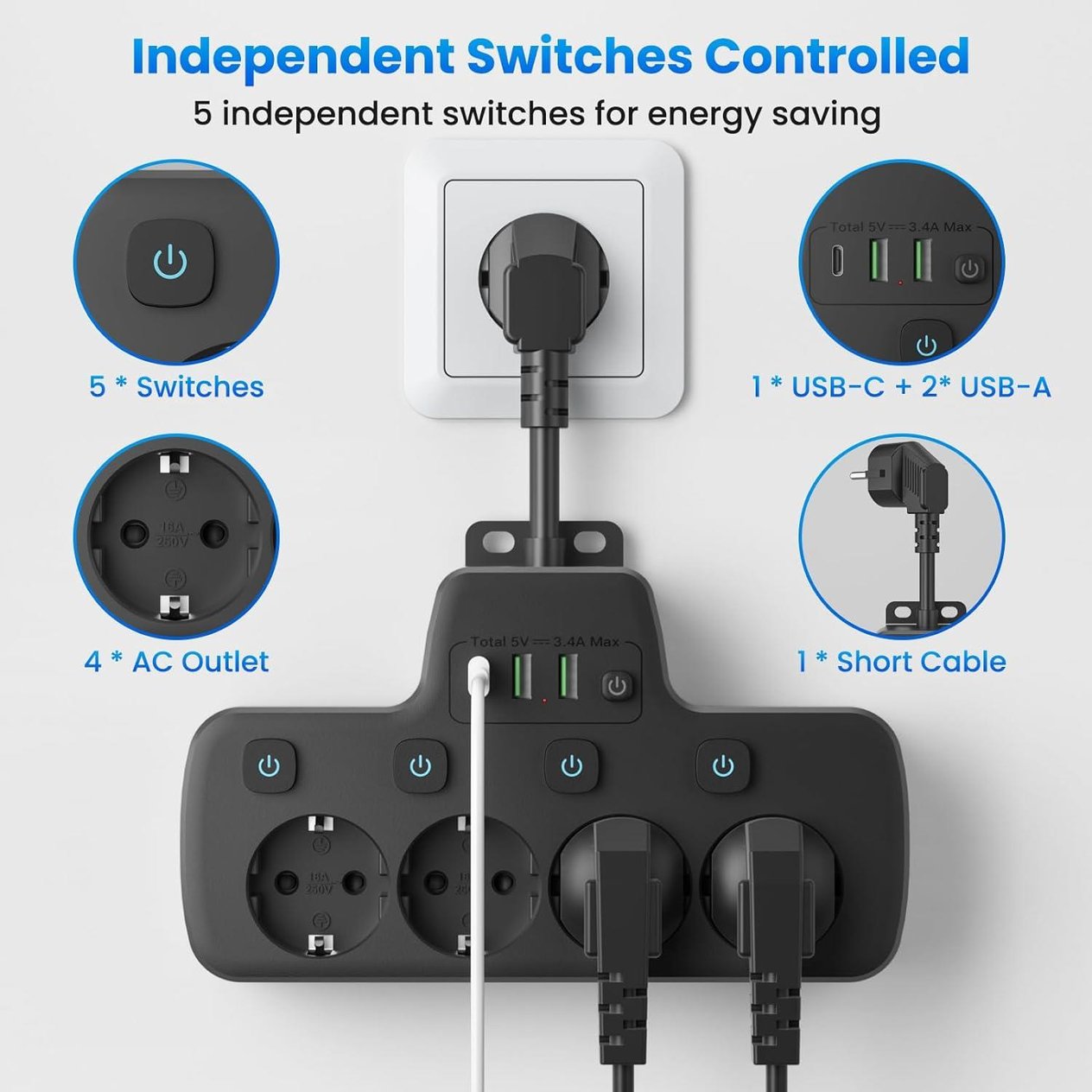 Tcherchi Dörtlü Anahtarlı Akım Korumalı Uzatmalı Çoklu Priz, Bağımsız Anahtar 4 Soket ve 3 USB Şarj