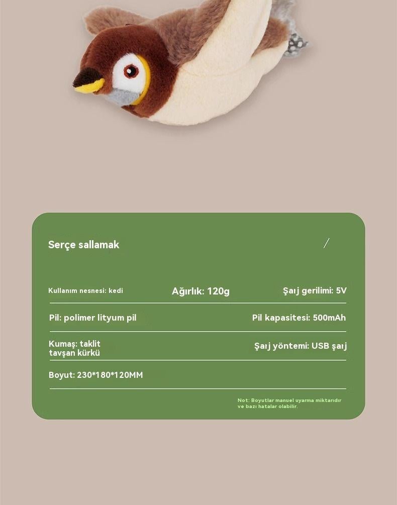 Tcherchi İnteraktif Kedi Oyuncakları Şarj Edilebilir Uçan Kuş Kedi Peluş Oyuncak
