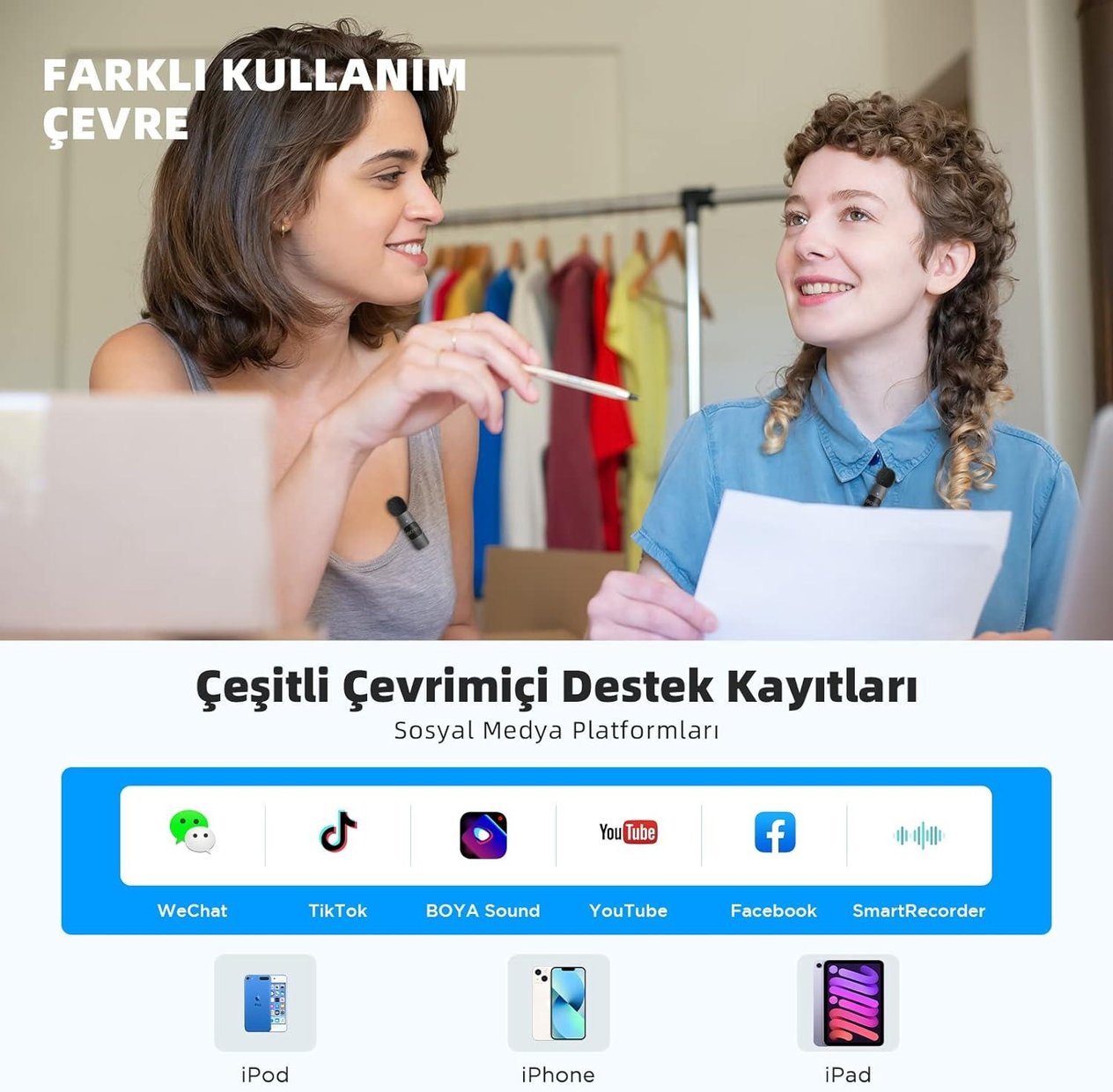 Tcherchi iPhone iPad için Kablosuz Yaka Mikrofon - Çift Mini Çok Yönlü Kondansatör Video Kayıt Mikrofonu