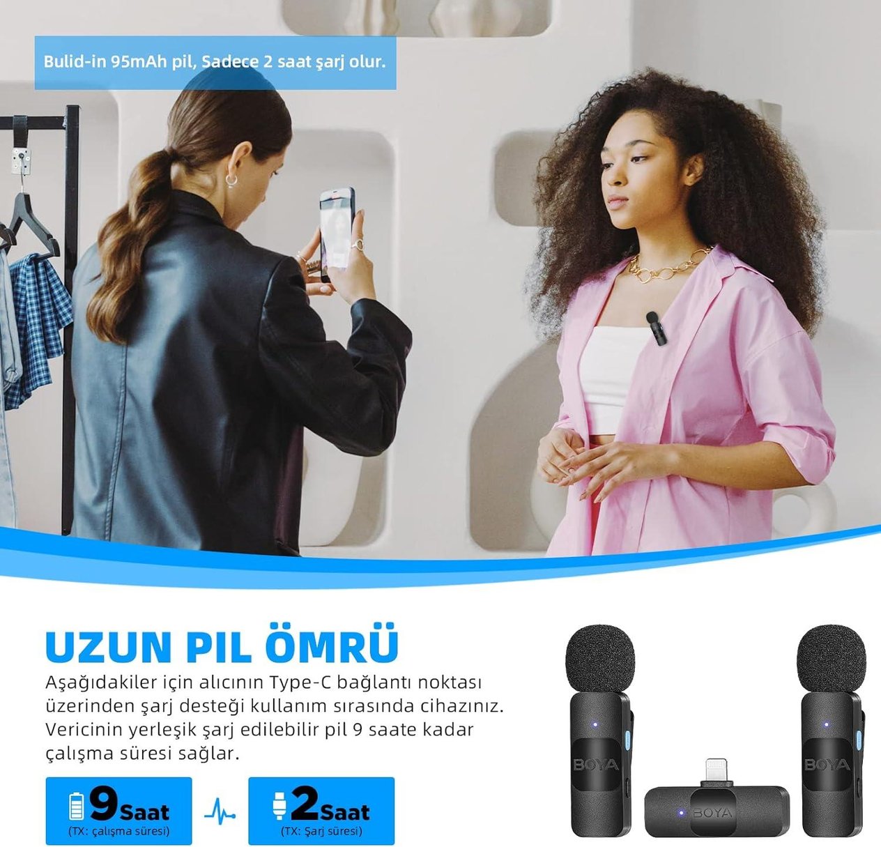 Tcherchi iPhone iPad için Kablosuz Yaka Mikrofon - Çift Mini Çok Yönlü Kondansatör Video Kayıt Mikrofonu
