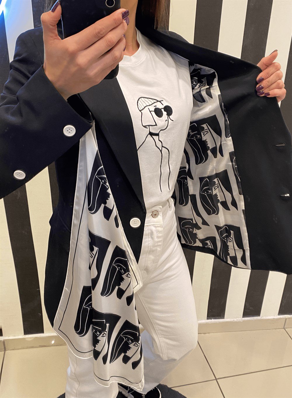 Siyah Fularlı Astarlı Blazer Ceket 