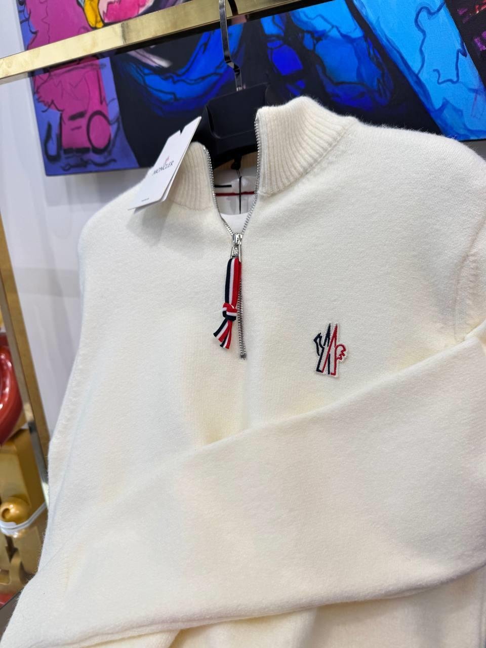 YENİ SEZON MONCLER BEYAZ YARI FERMUARLI YÜN KAZAK