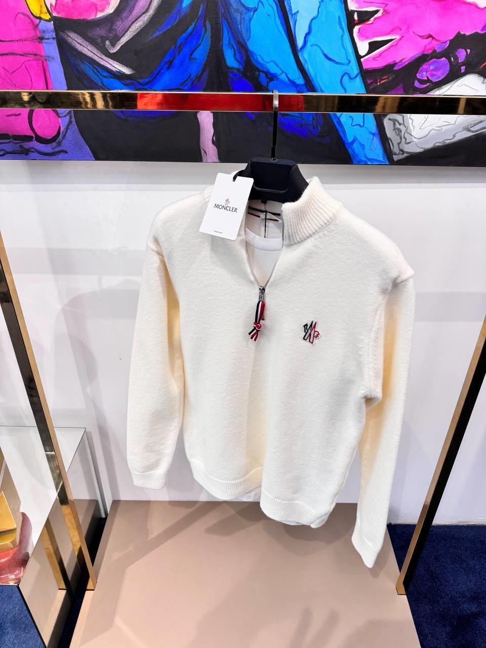 YENİ SEZON MONCLER BEYAZ YARI FERMUARLI YÜN KAZAK