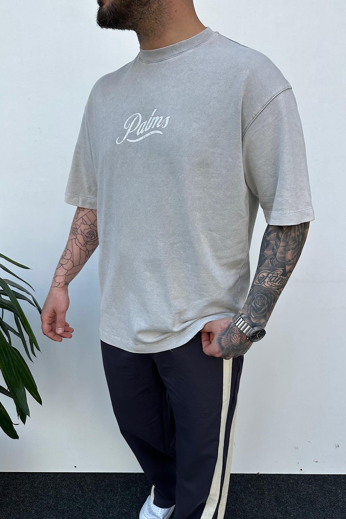 Açık Gri Yıkamalı Palm's T-shirt