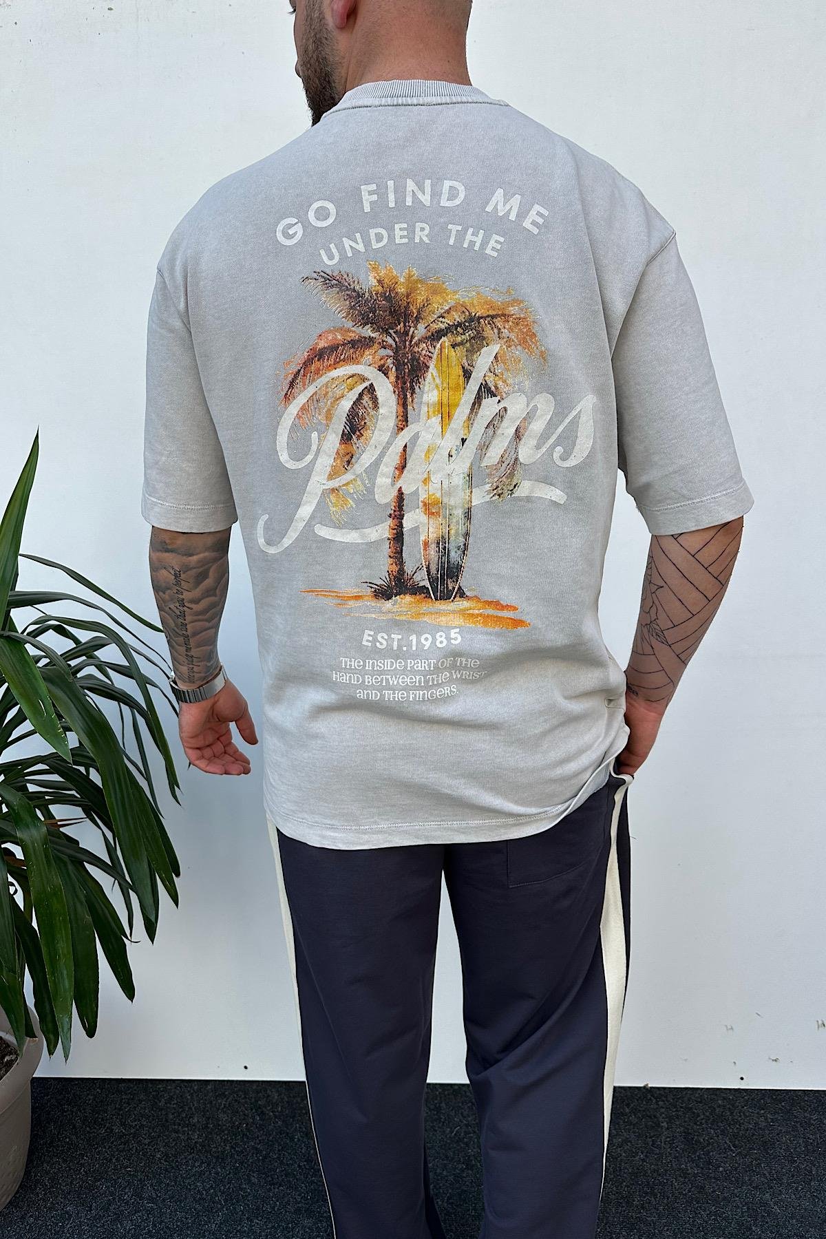 Açık Gri Yıkamalı Palm's T-shirt