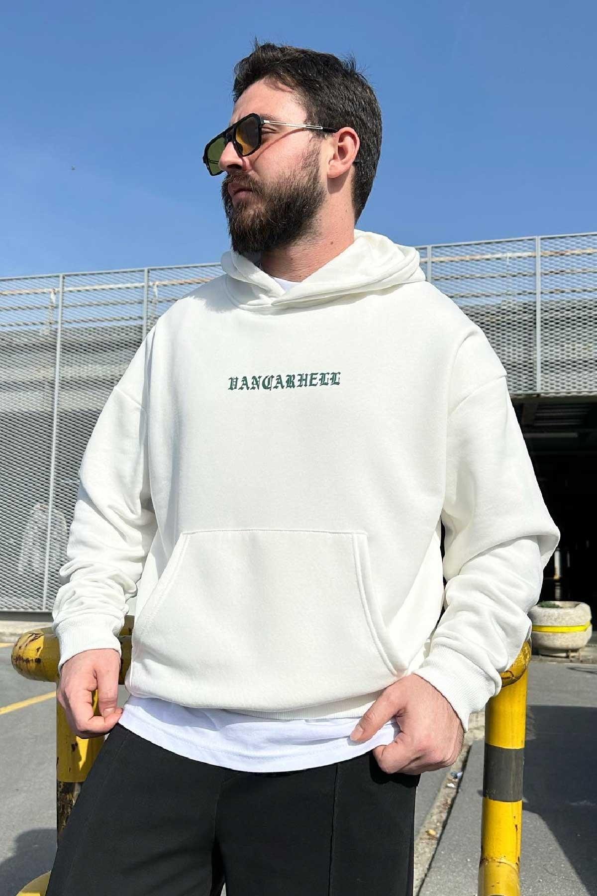 Beyaz Baskılı Kapşonlu 28 Sweatshirt