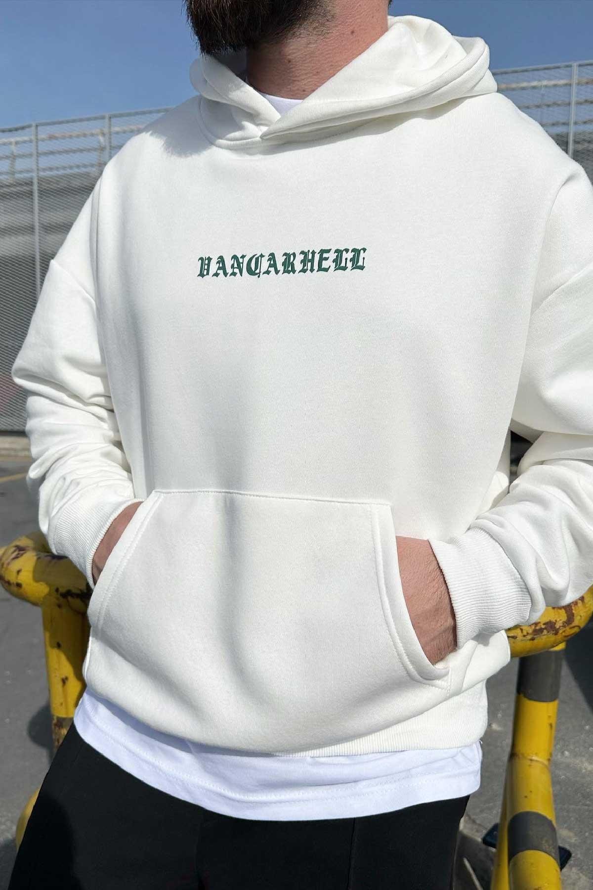 Beyaz Baskılı Kapşonlu 28 Sweatshirt