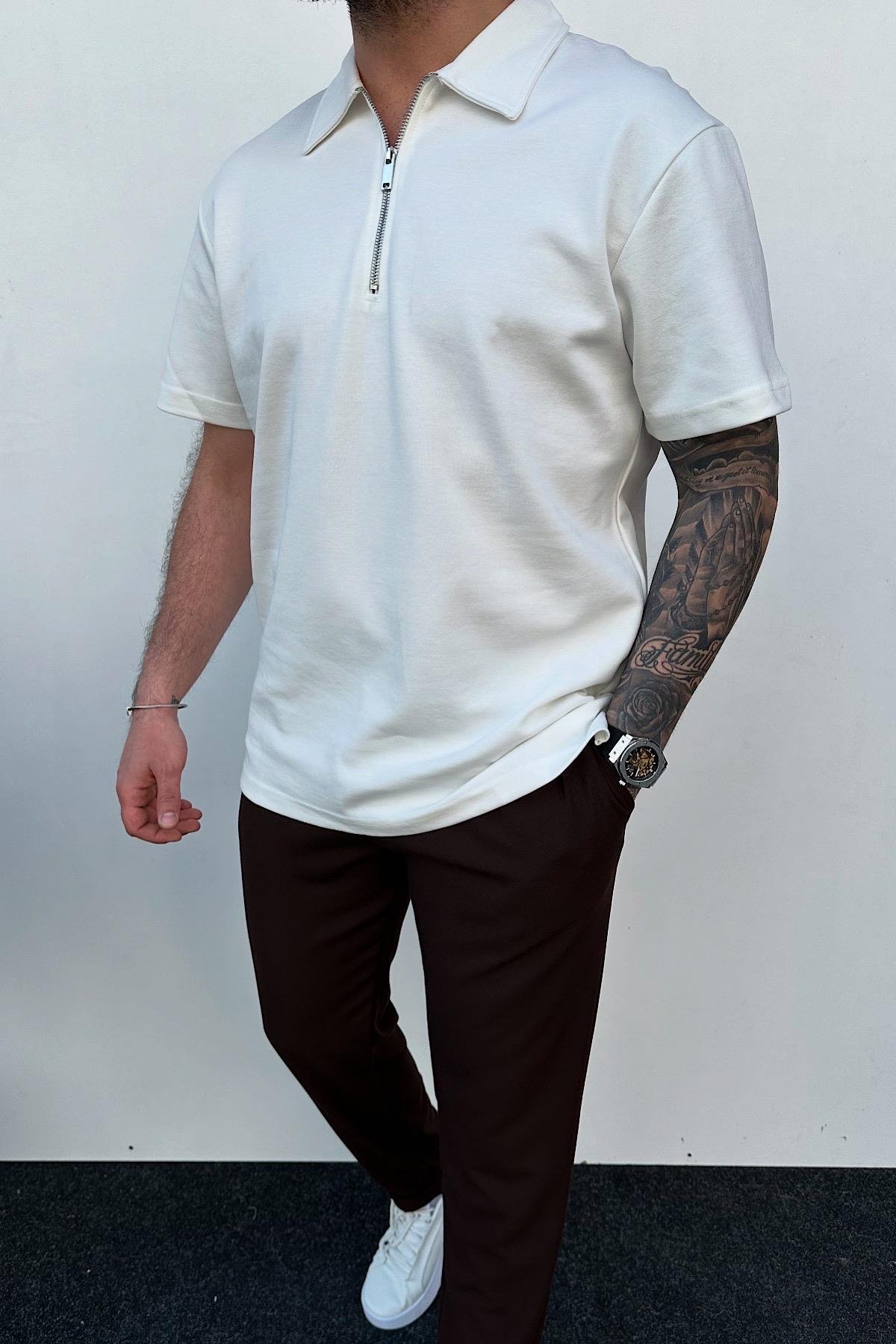 Beyaz Fermuarlı Polo Yaka T-Shirt