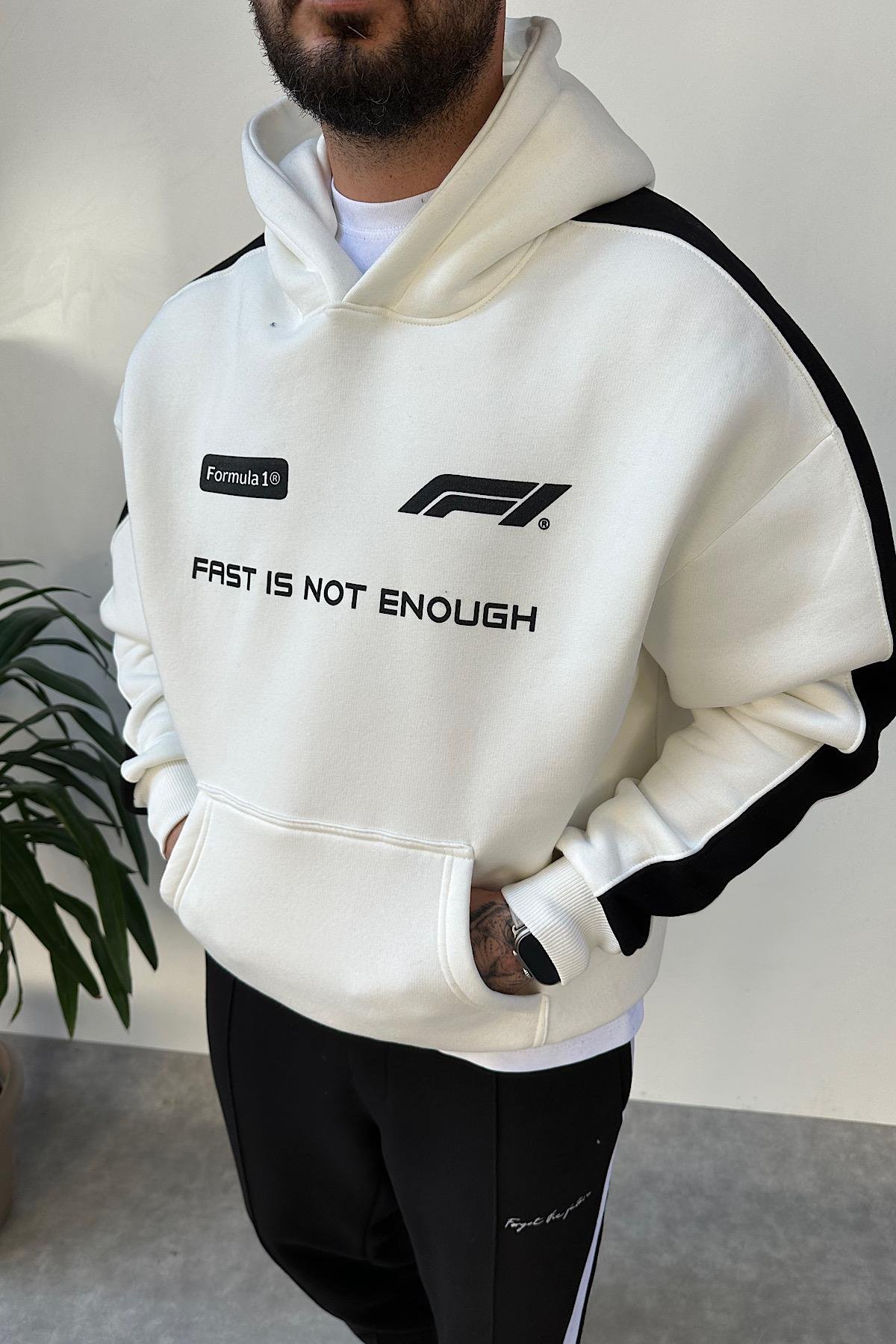 F1 Beyaz Şeritli Hoodie