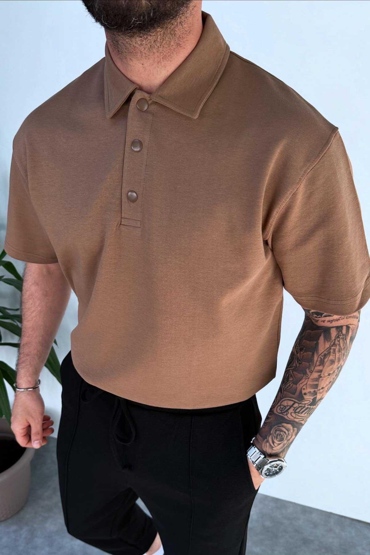 Kahverengi Polo Yaka Oversize T-Shirt