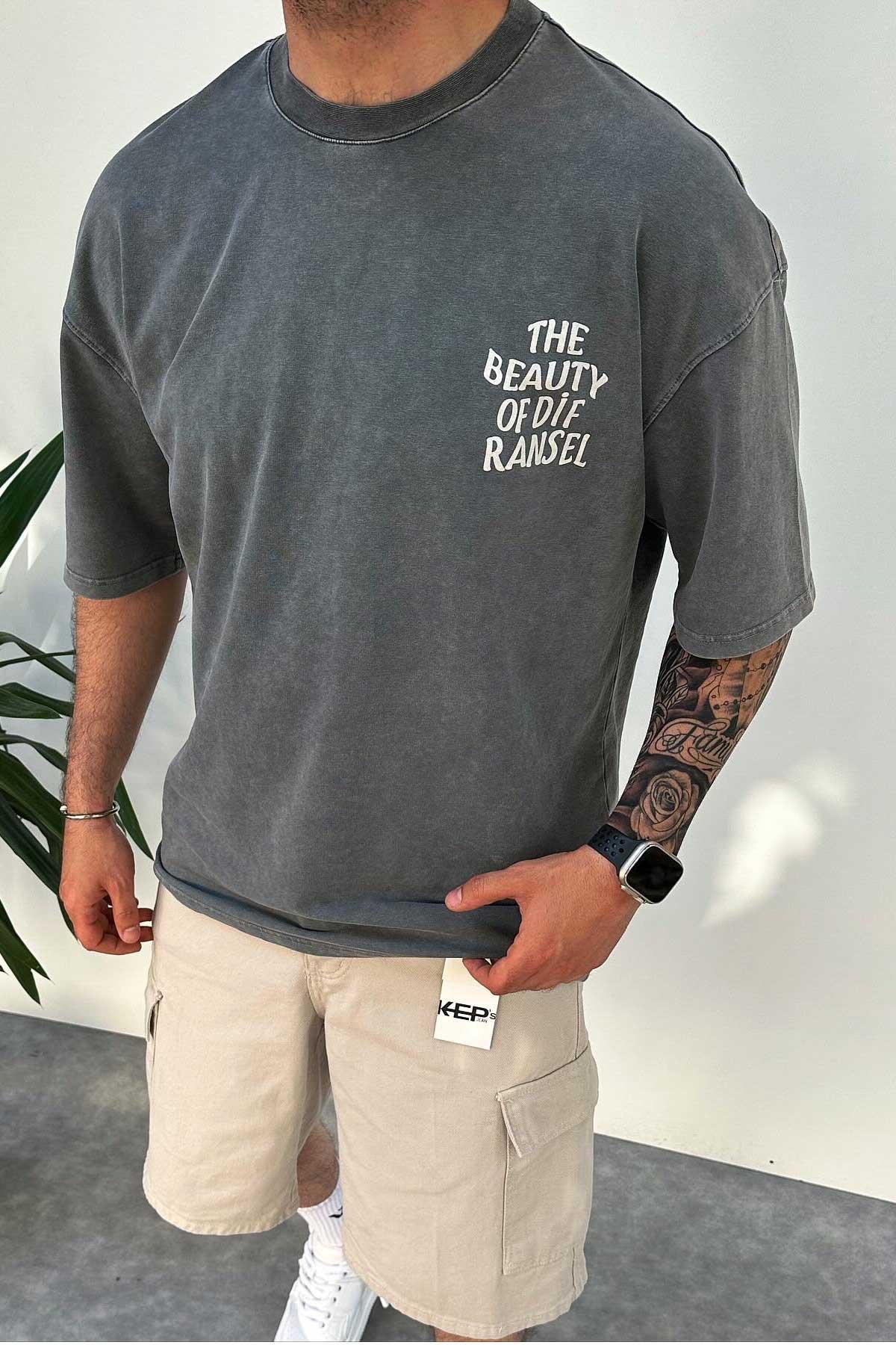 Koyu Gri Yıkamalı Baskılı Oversize T-Shirt
