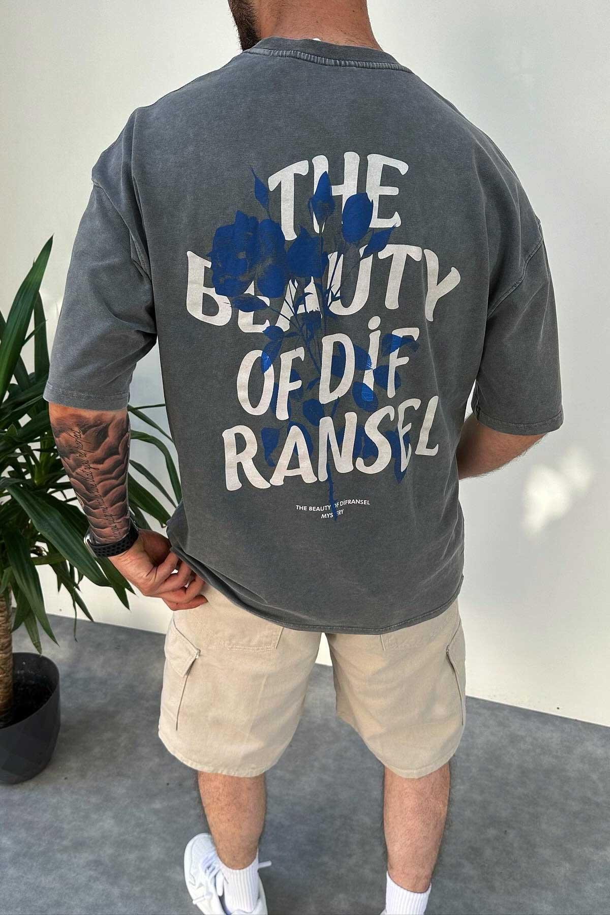 Koyu Gri Yıkamalı Baskılı Oversize T-Shirt