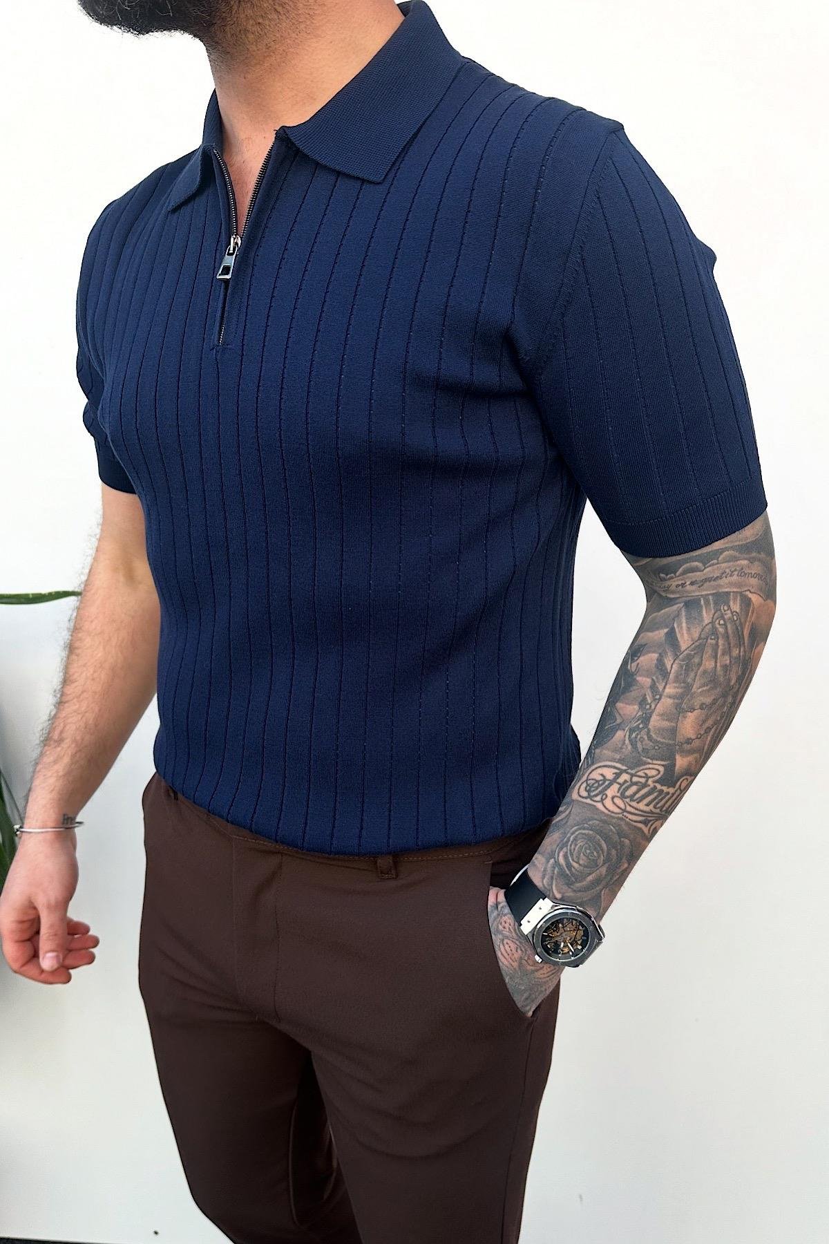 Lacivert Fitilli Polo Yaka T-Shirt