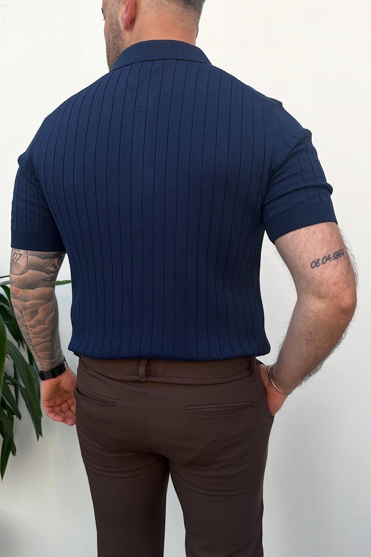 Lacivert Fitilli Polo Yaka T-Shirt