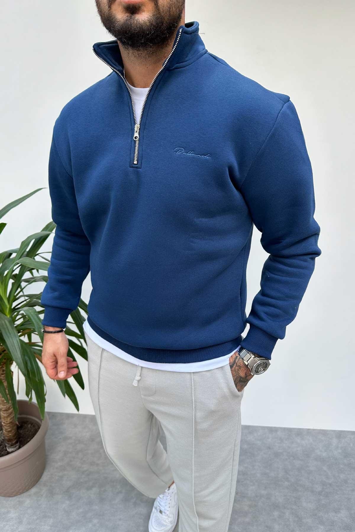 Lacivert Yarım Fermuarlı Nakışlı Sweatshirt