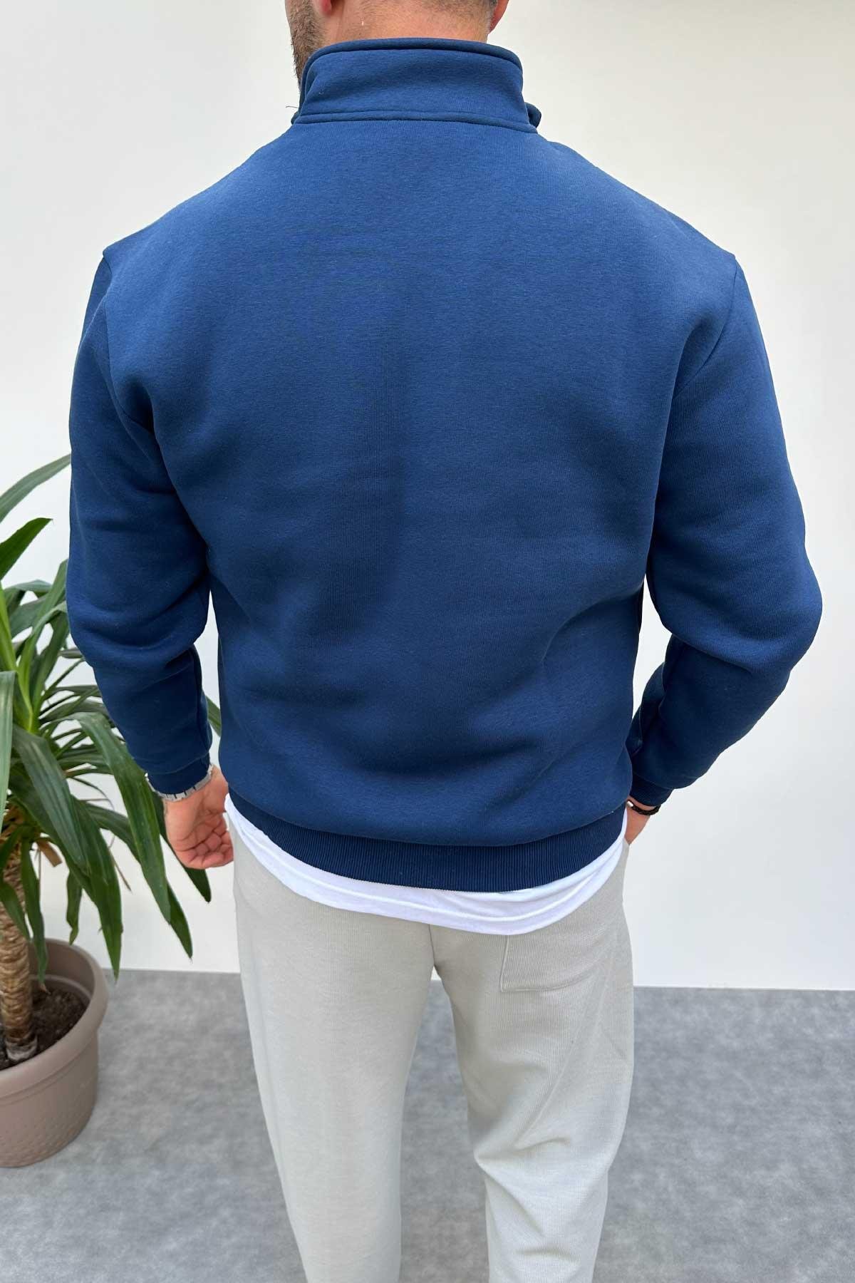Lacivert Yarım Fermuarlı Nakışlı Sweatshirt