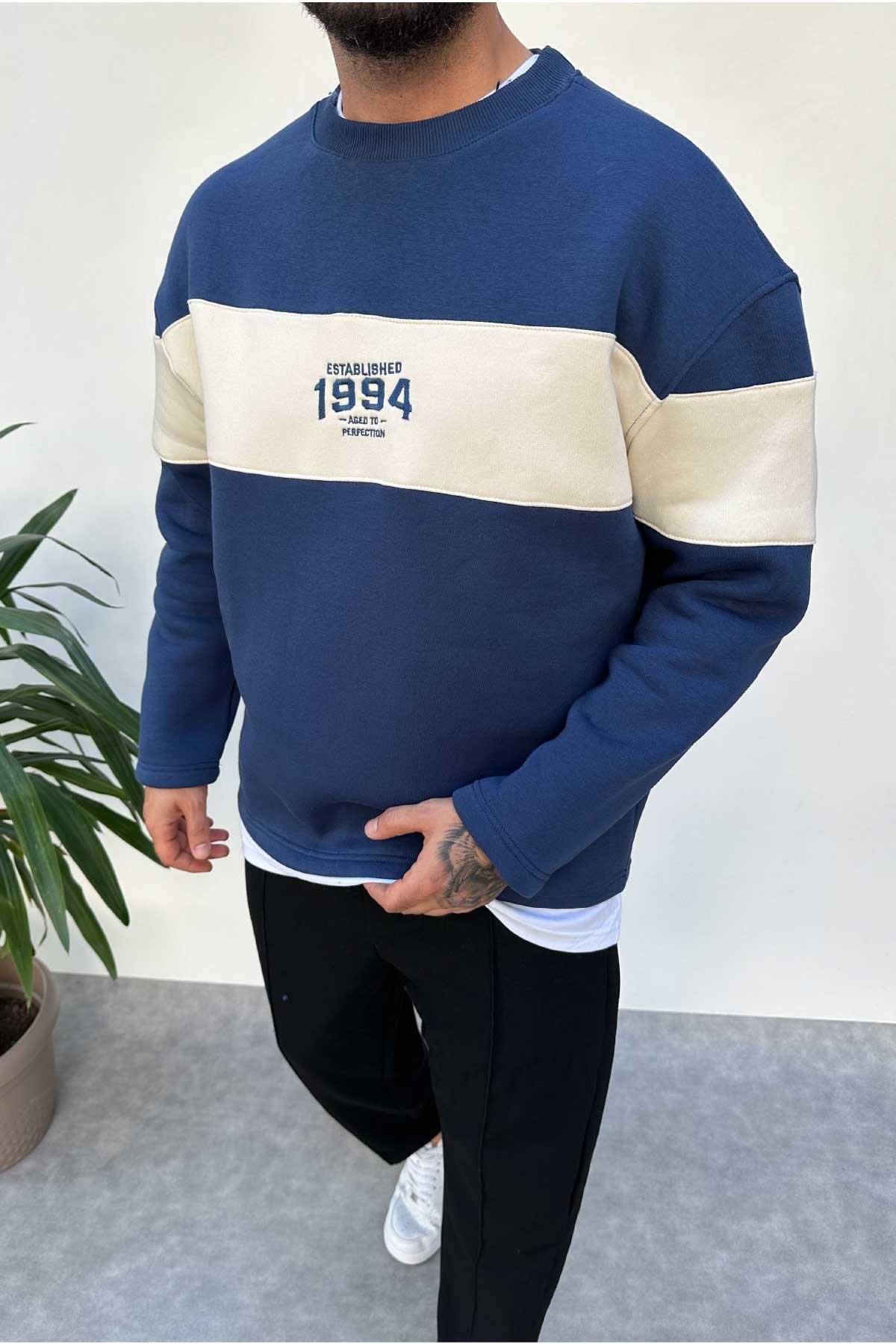 Mavi Beyaz Parçalı Oversize Sweat