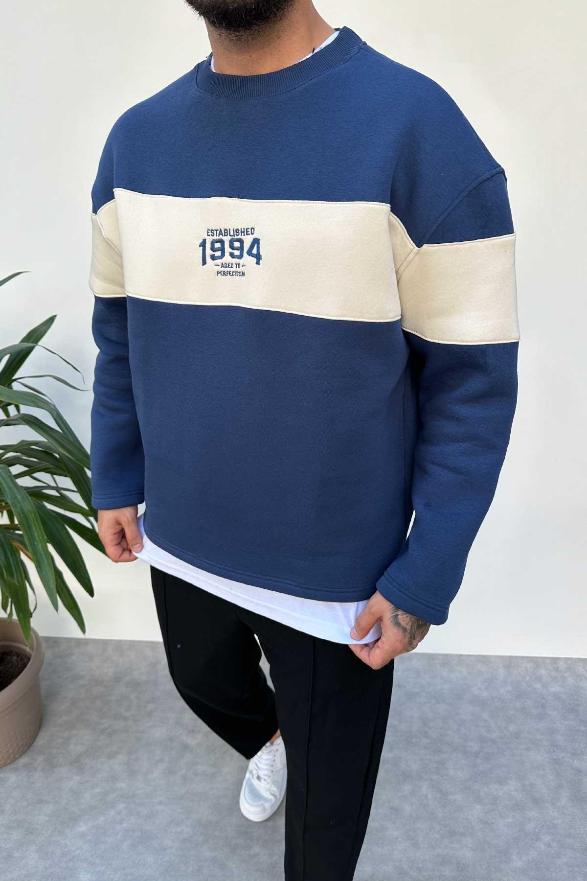 Mavi Beyaz Parçalı Oversize Sweat