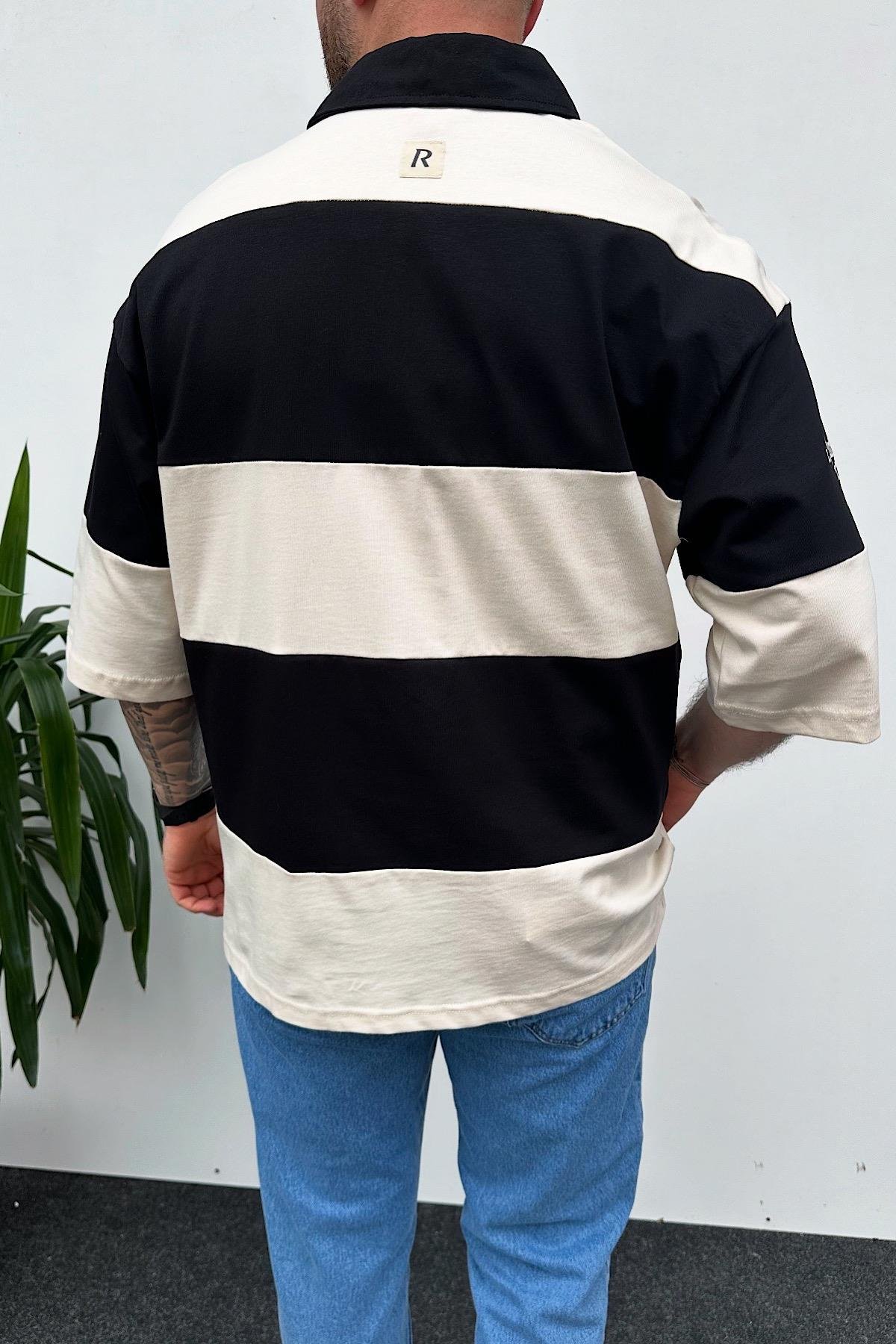 Parçalı Baskılı Fakir Kol Polo Yaka T-Shirt