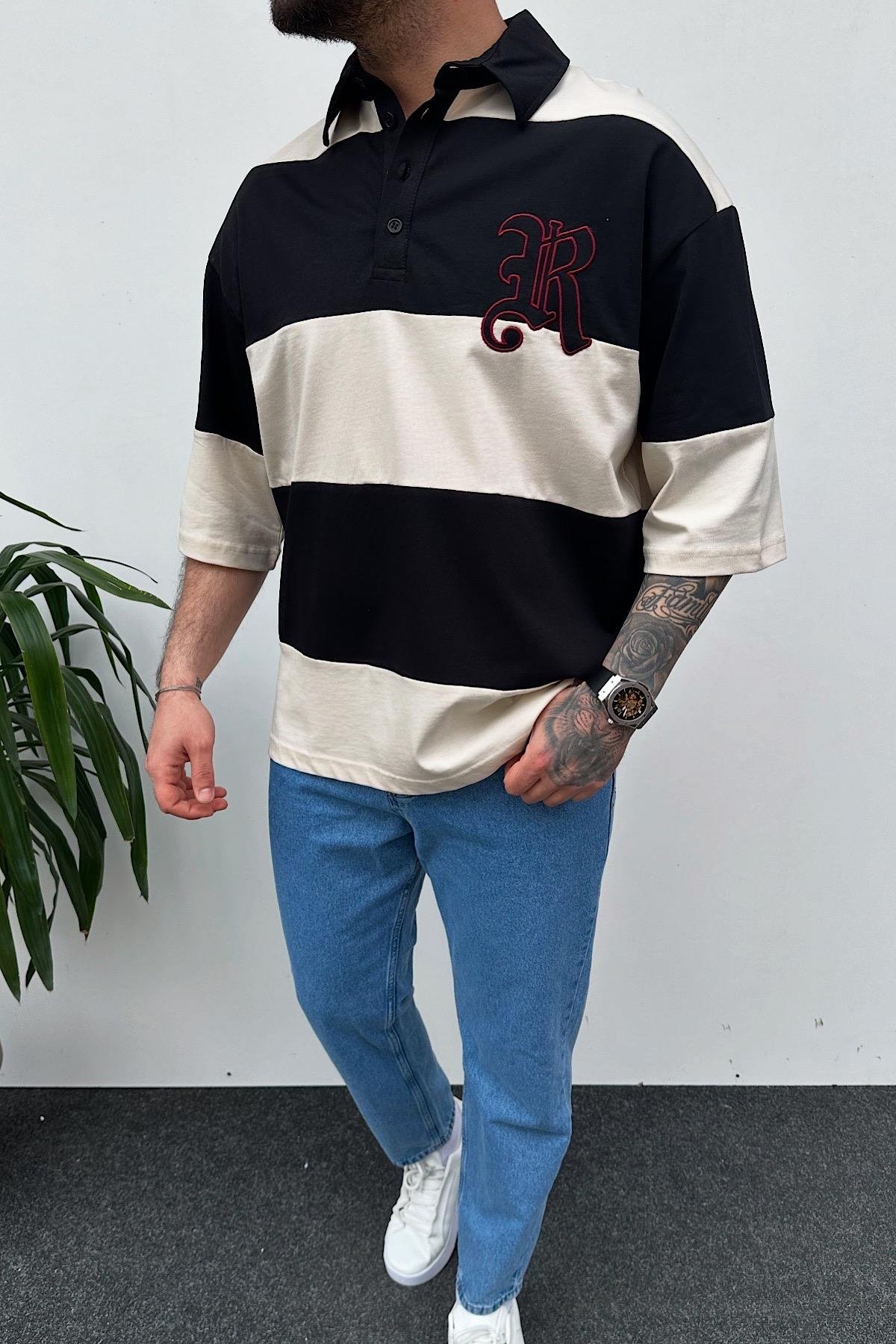 Parçalı Baskılı Fakir Kol Polo Yaka T-Shirt