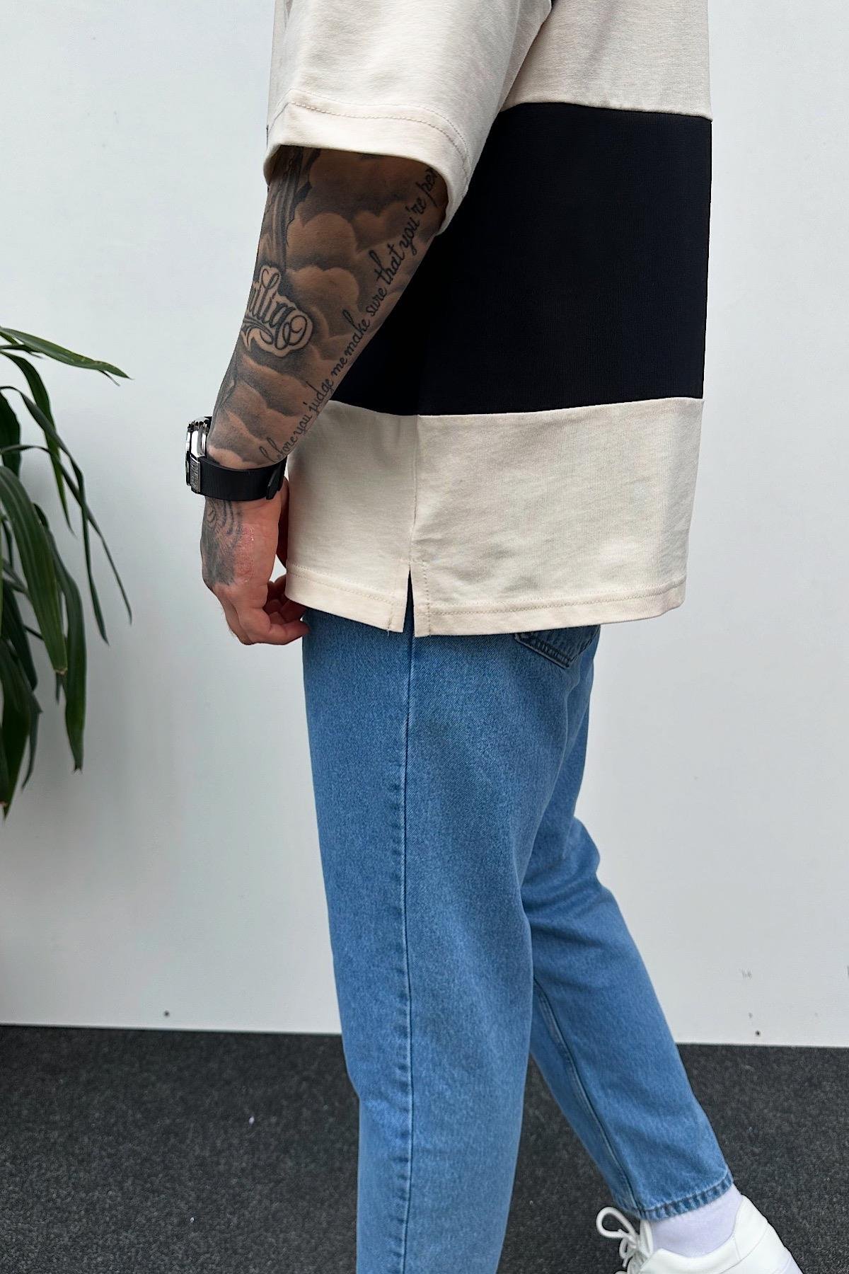 Parçalı Baskılı Fakir Kol Polo Yaka T-Shirt