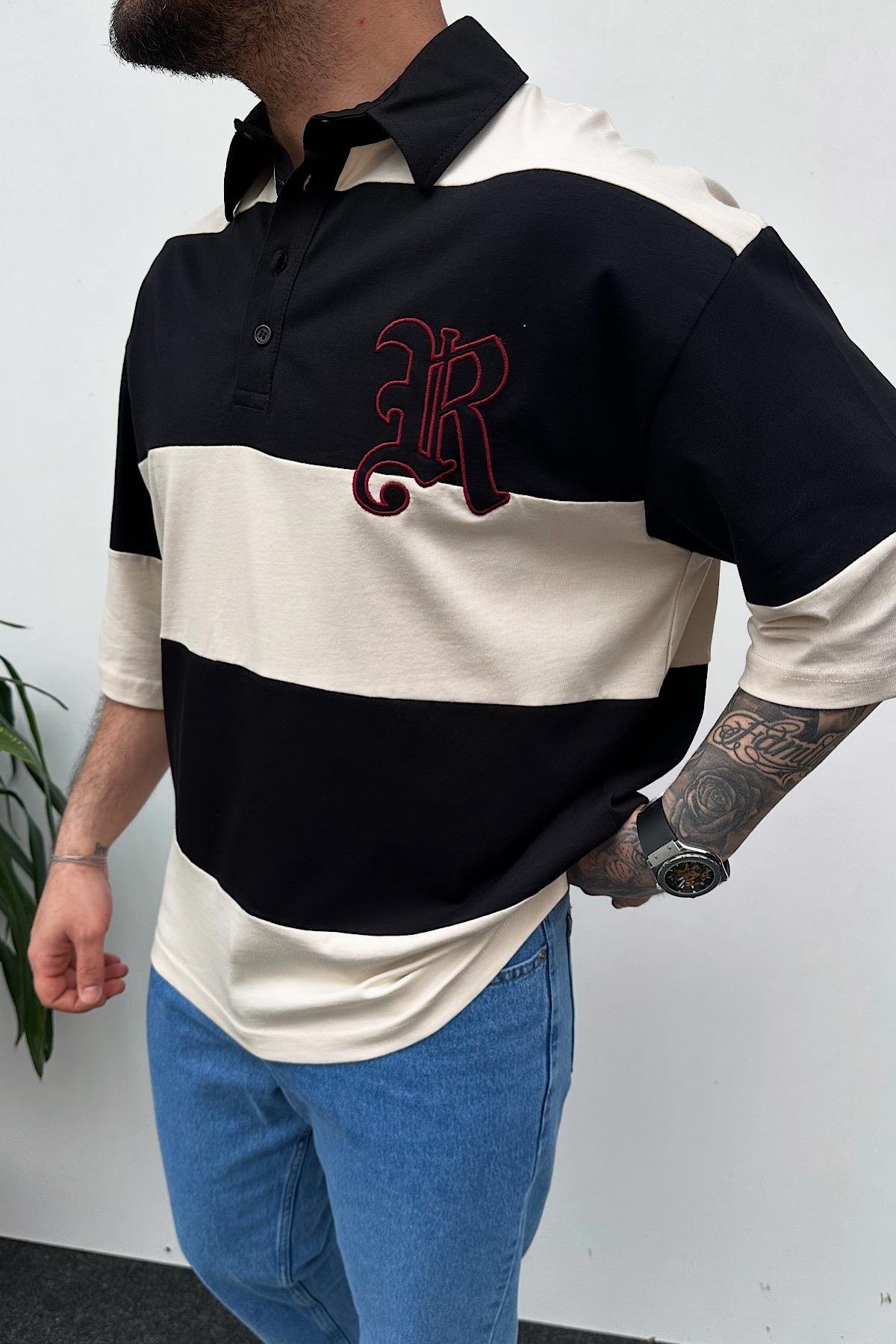 Parçalı Baskılı Fakir Kol Polo Yaka T-Shirt