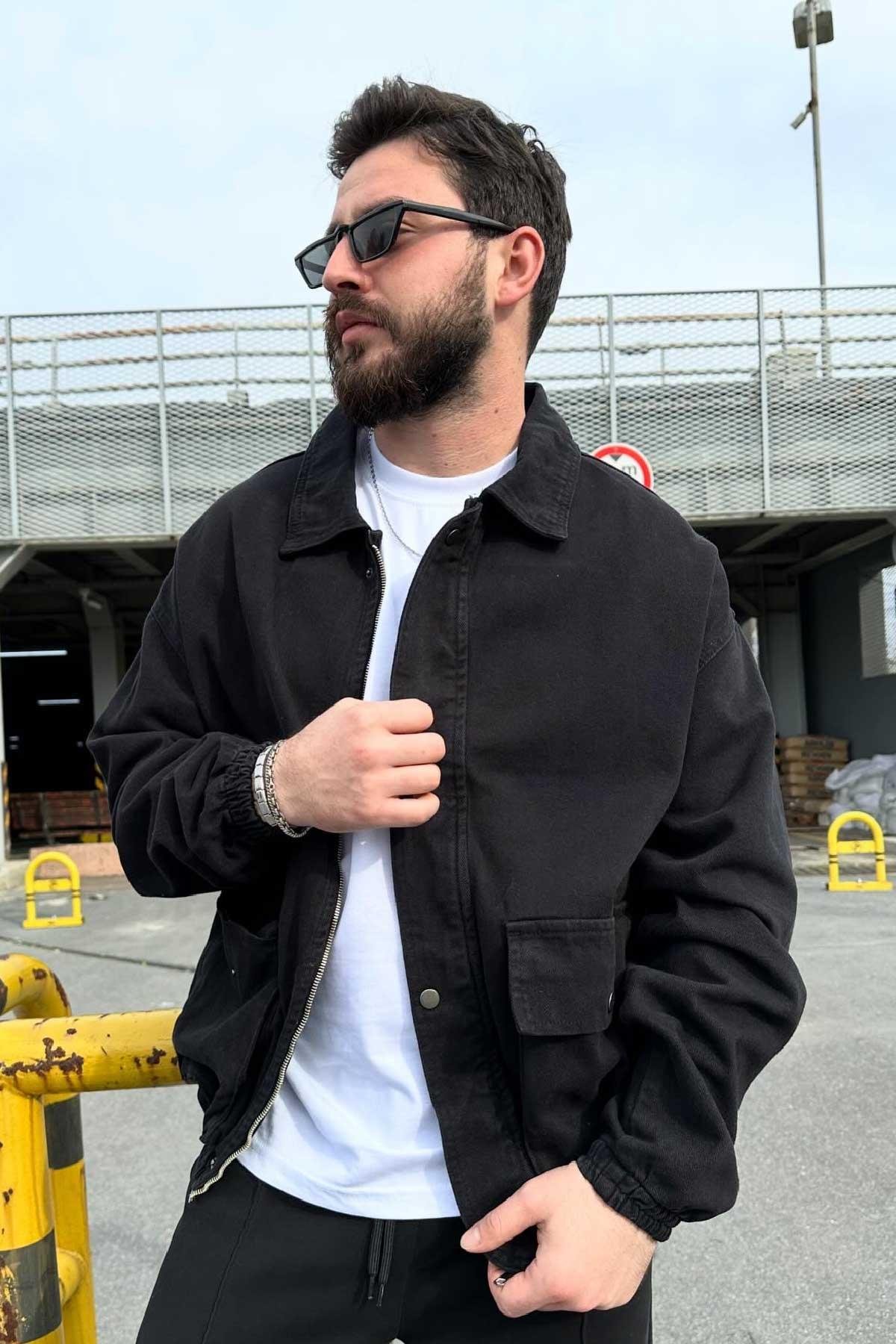Siyah Gabardin Bomber Ceket