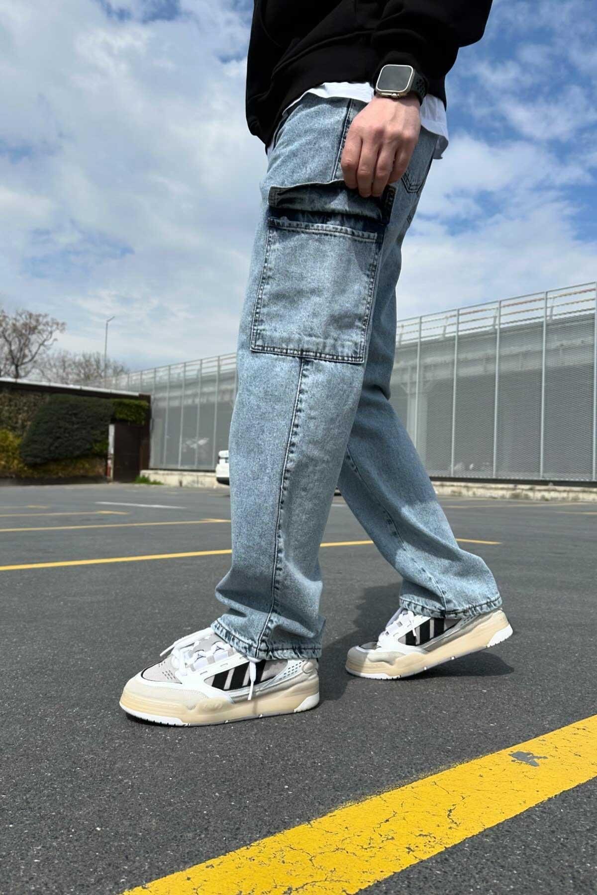 Yıkamalı Mavi Cepli Baggy Jean