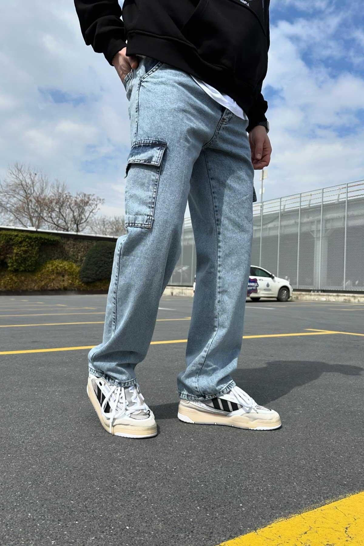 Yıkamalı Mavi Cepli Baggy Jean