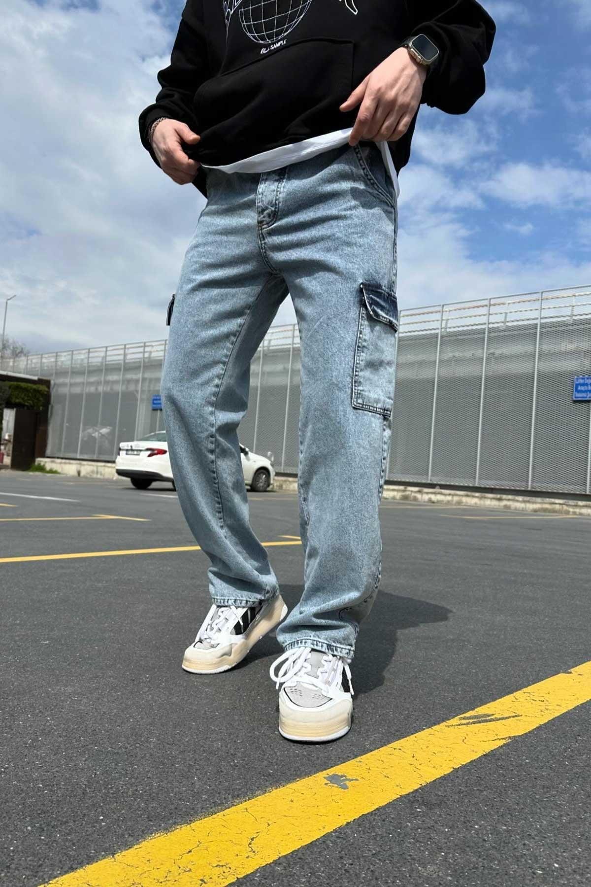 Yıkamalı Mavi Cepli Baggy Jean