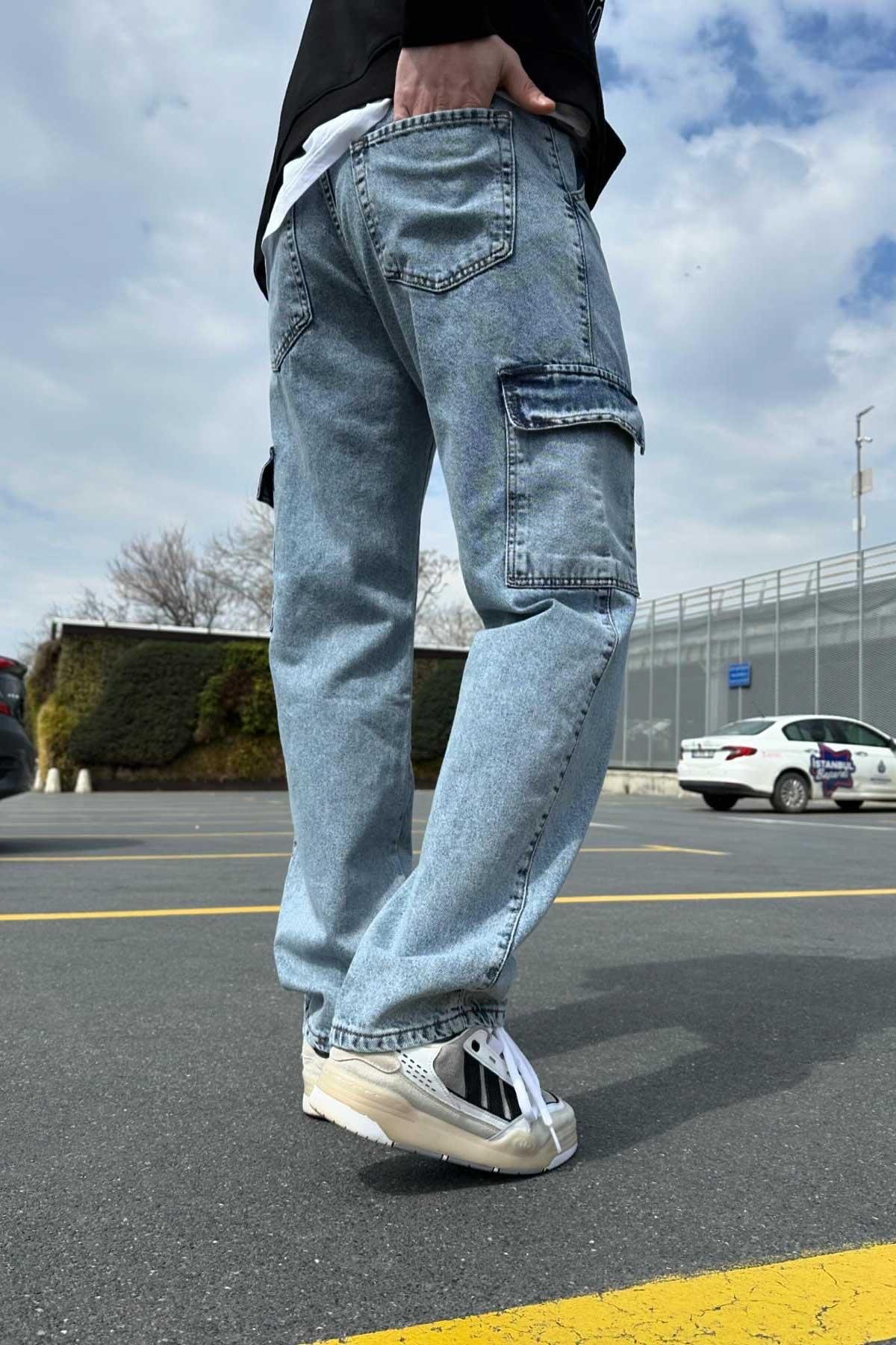 Yıkamalı Mavi Cepli Baggy Jean