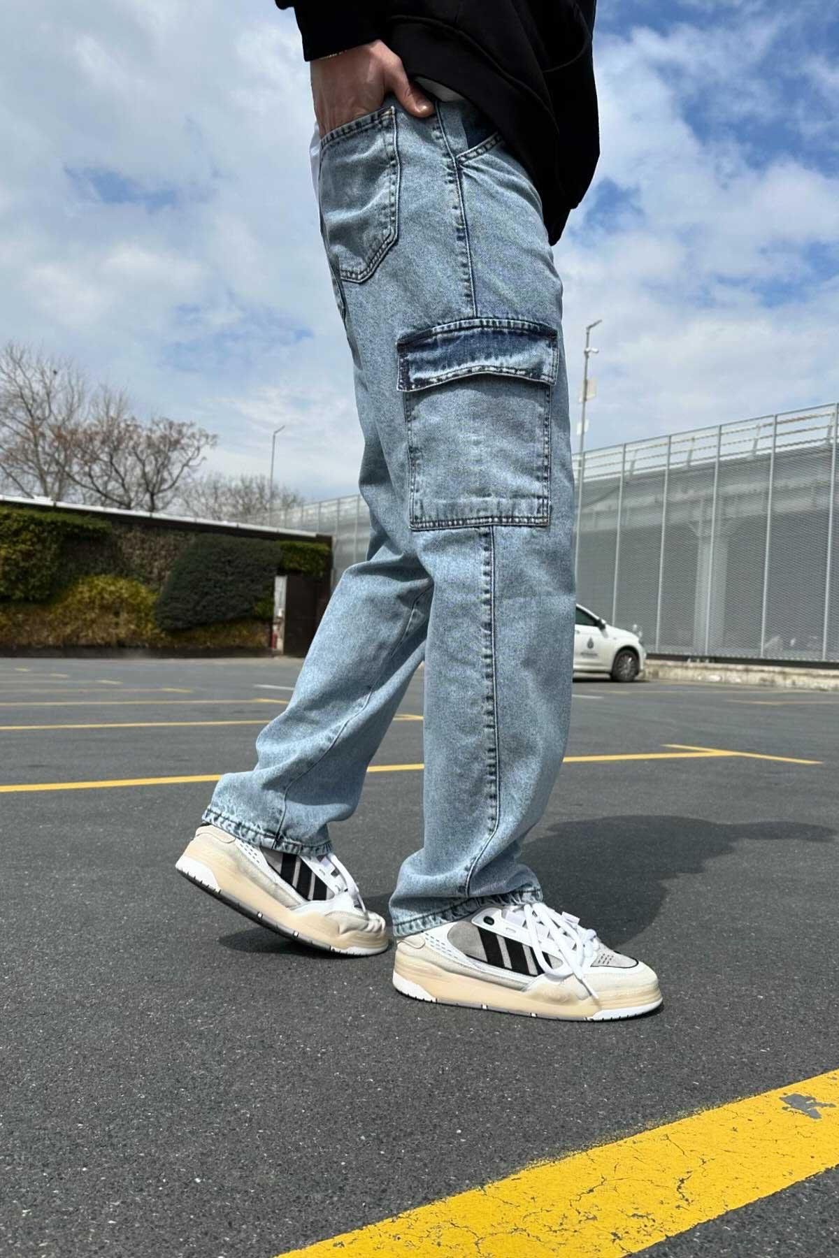 Yıkamalı Mavi Cepli Baggy Jean