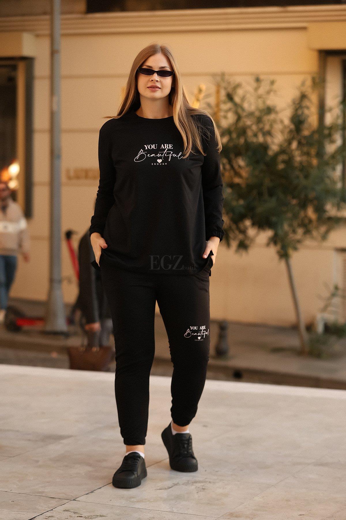 İki İplik Beautiful Yazılı Büyük Beden Siyah İkili Takım
