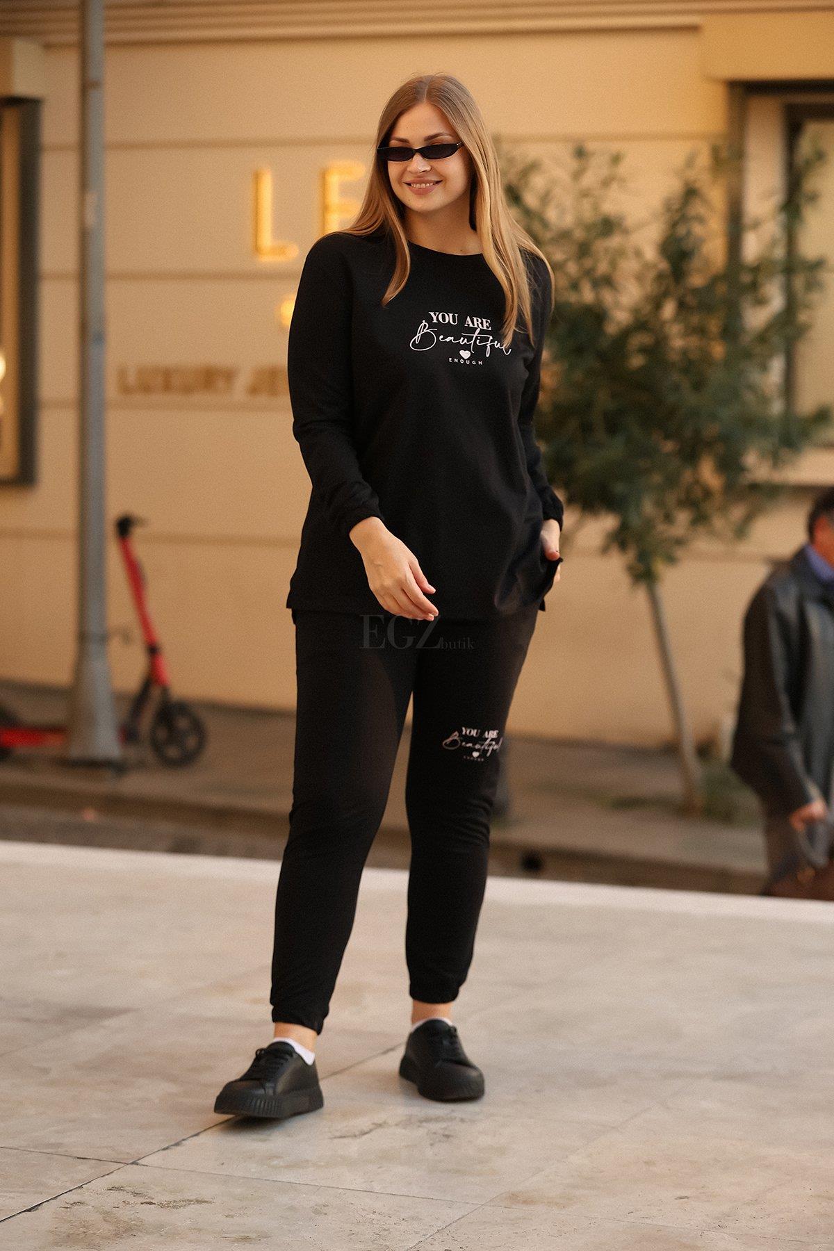 İki İplik Beautiful Yazılı Büyük Beden Siyah İkili Takım