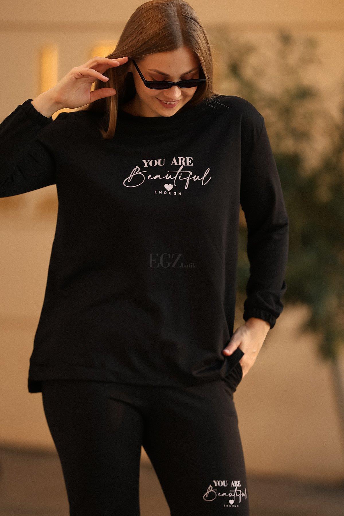 İki İplik Beautiful Yazılı Büyük Beden Siyah İkili Takım