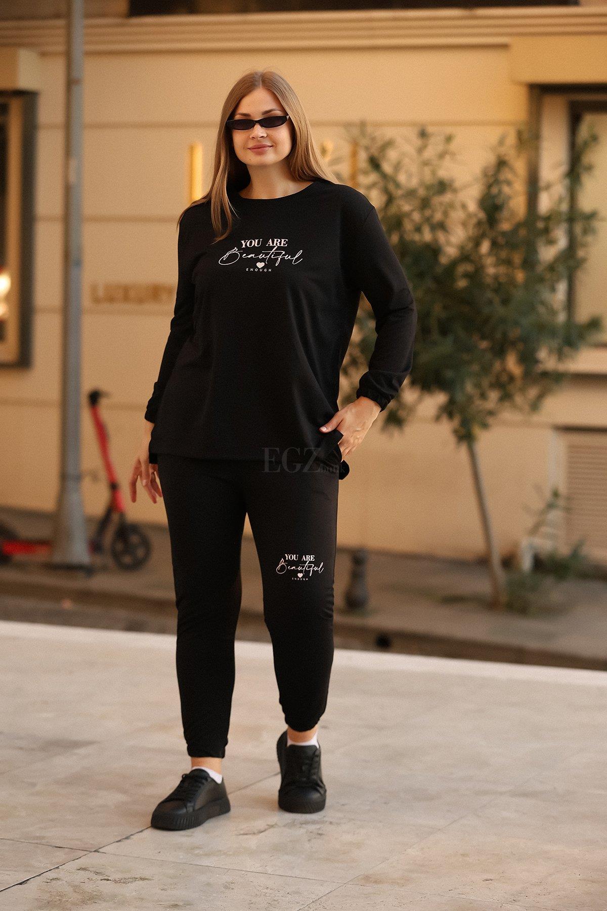 İki İplik Beautiful Yazılı Büyük Beden Siyah İkili Takım