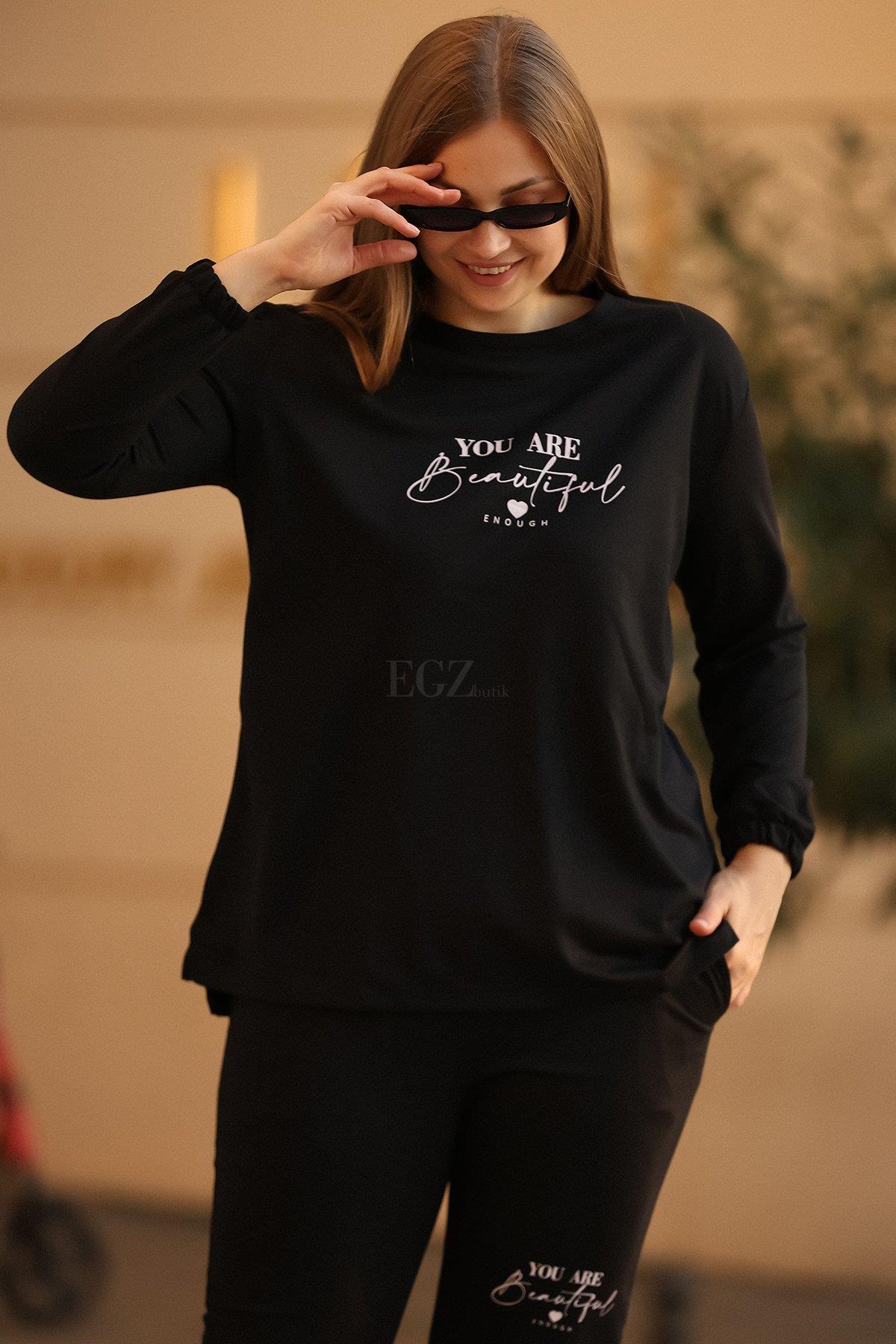 İki İplik Beautiful Yazılı Büyük Beden Siyah İkili Takım