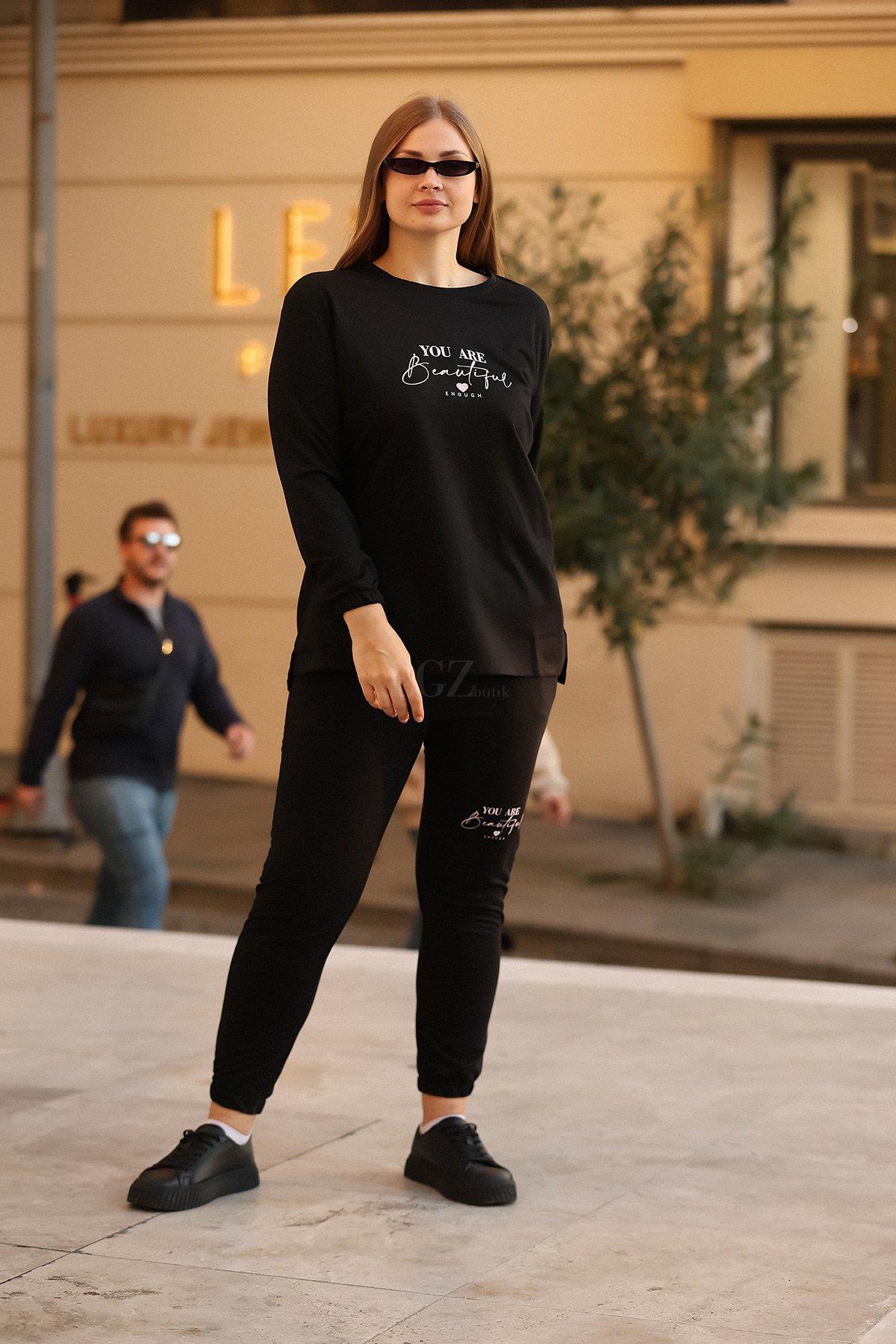İki İplik Beautiful Yazılı Büyük Beden Siyah İkili Takım