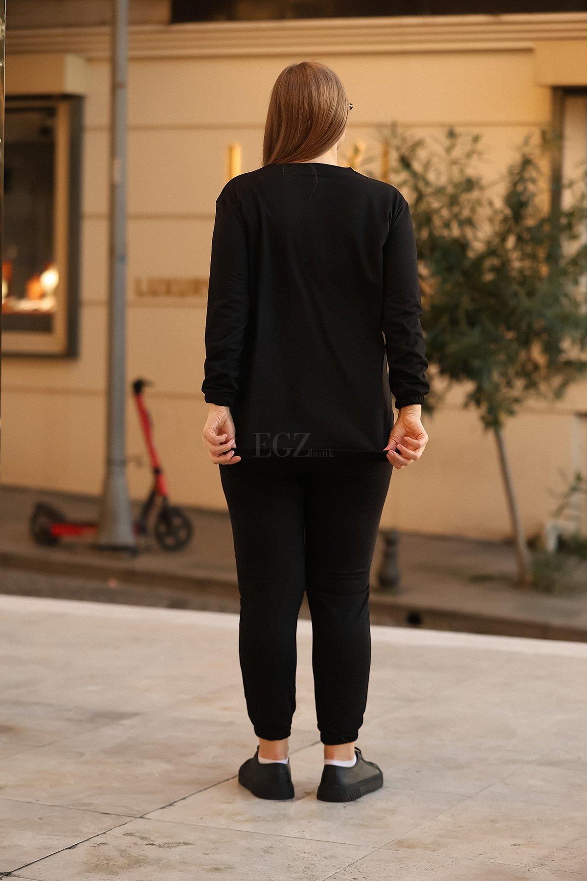 İki İplik Beautiful Yazılı Büyük Beden Siyah İkili Takım