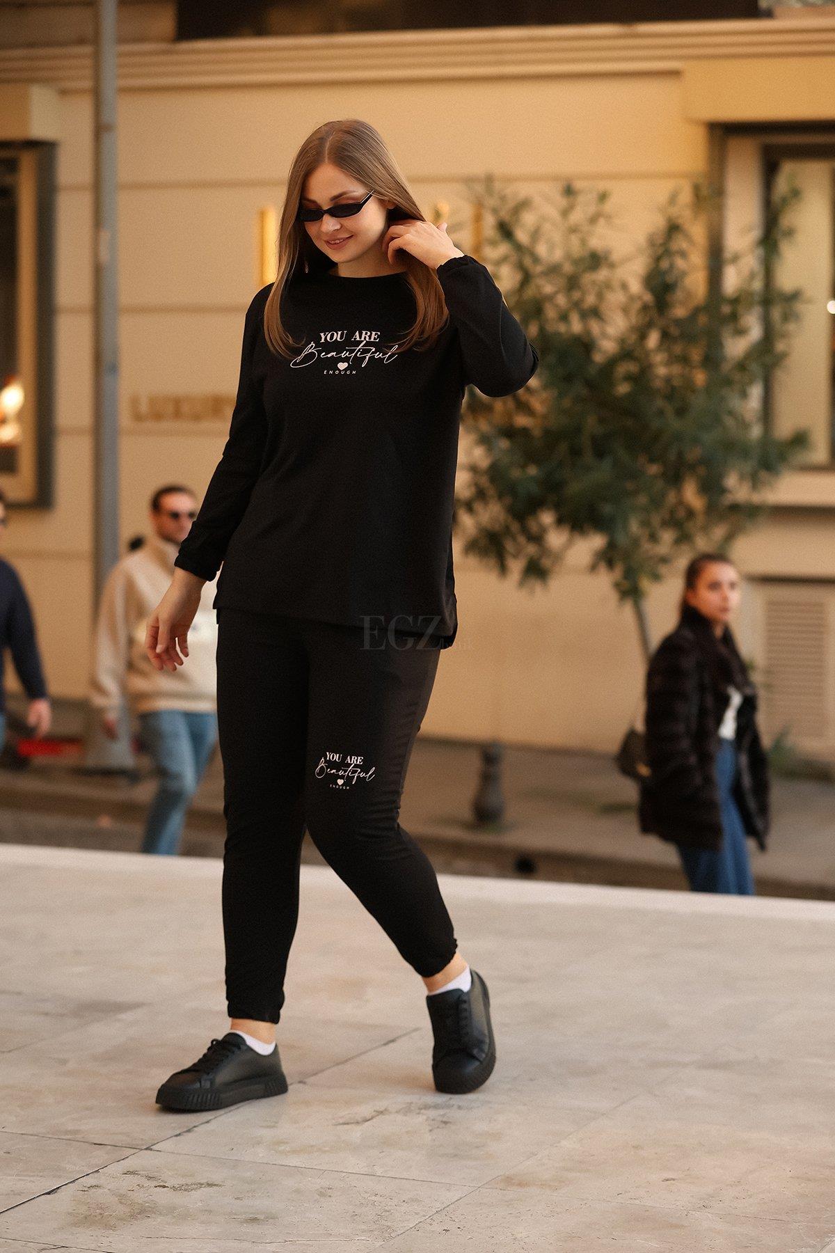 İki İplik Beautiful Yazılı Büyük Beden Siyah İkili Takım