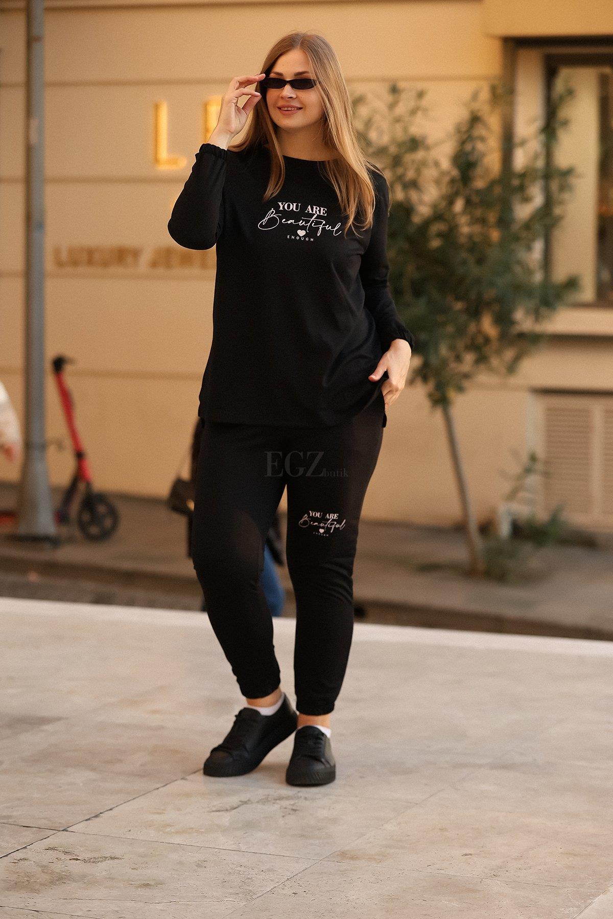 İki İplik Beautiful Yazılı Büyük Beden Siyah İkili Takım