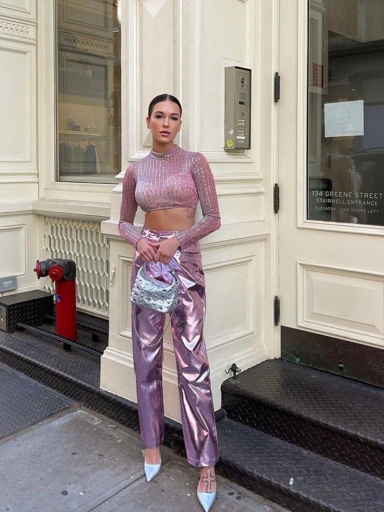 PEMBE METALİK PANTOLON