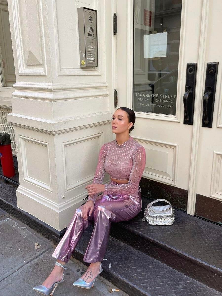 PEMBE METALİK PANTOLON