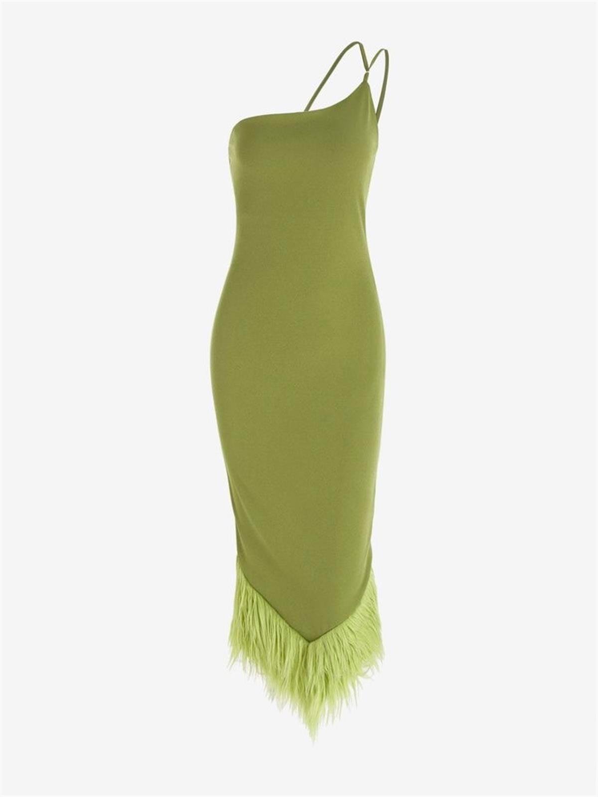 Shale Dress: Tek Omuz Asılı Tüy Detaylı Elbise. Asimetrik çizgisi ve tüyleriyle
