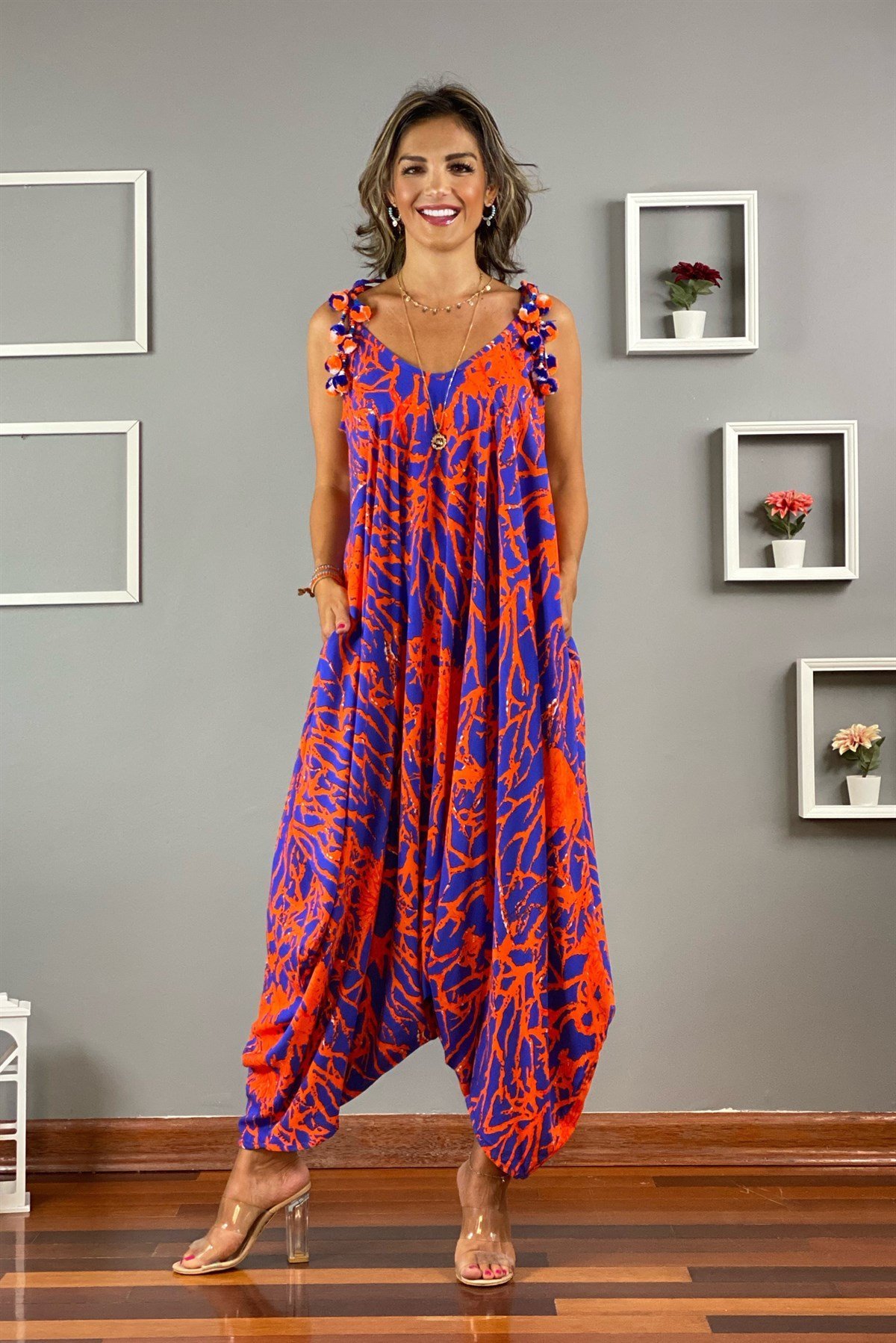 Askıları Ponponlu Menekşe Oversize Tulum