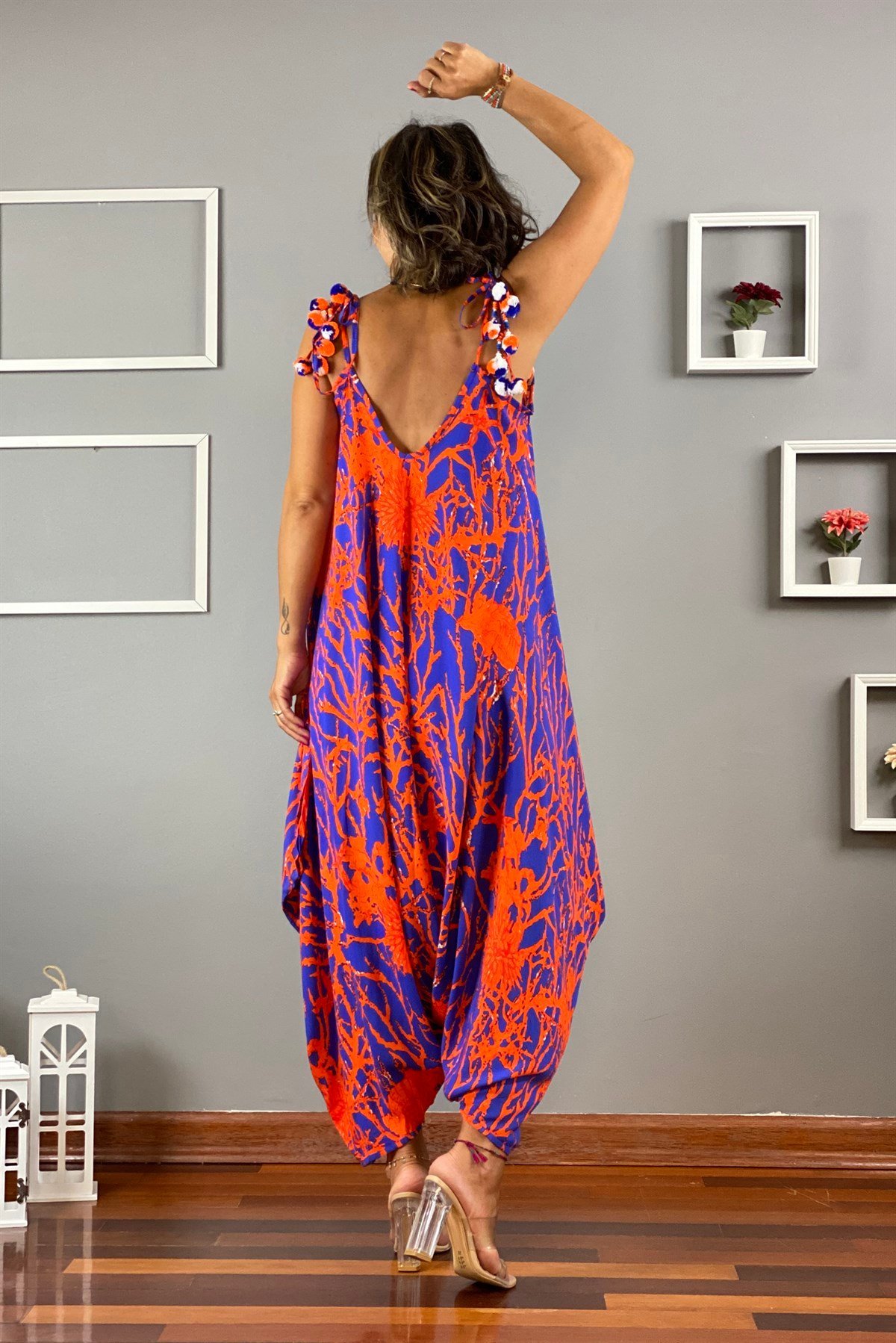 Askıları Ponponlu Menekşe Oversize Tulum