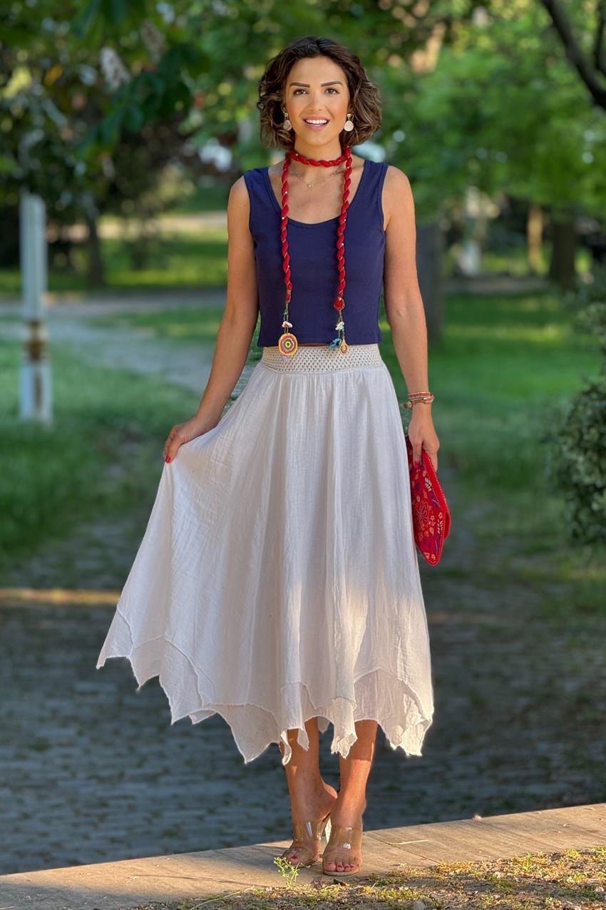 Beyaz Asimetrik %100 Pamuk Astarlı Etek