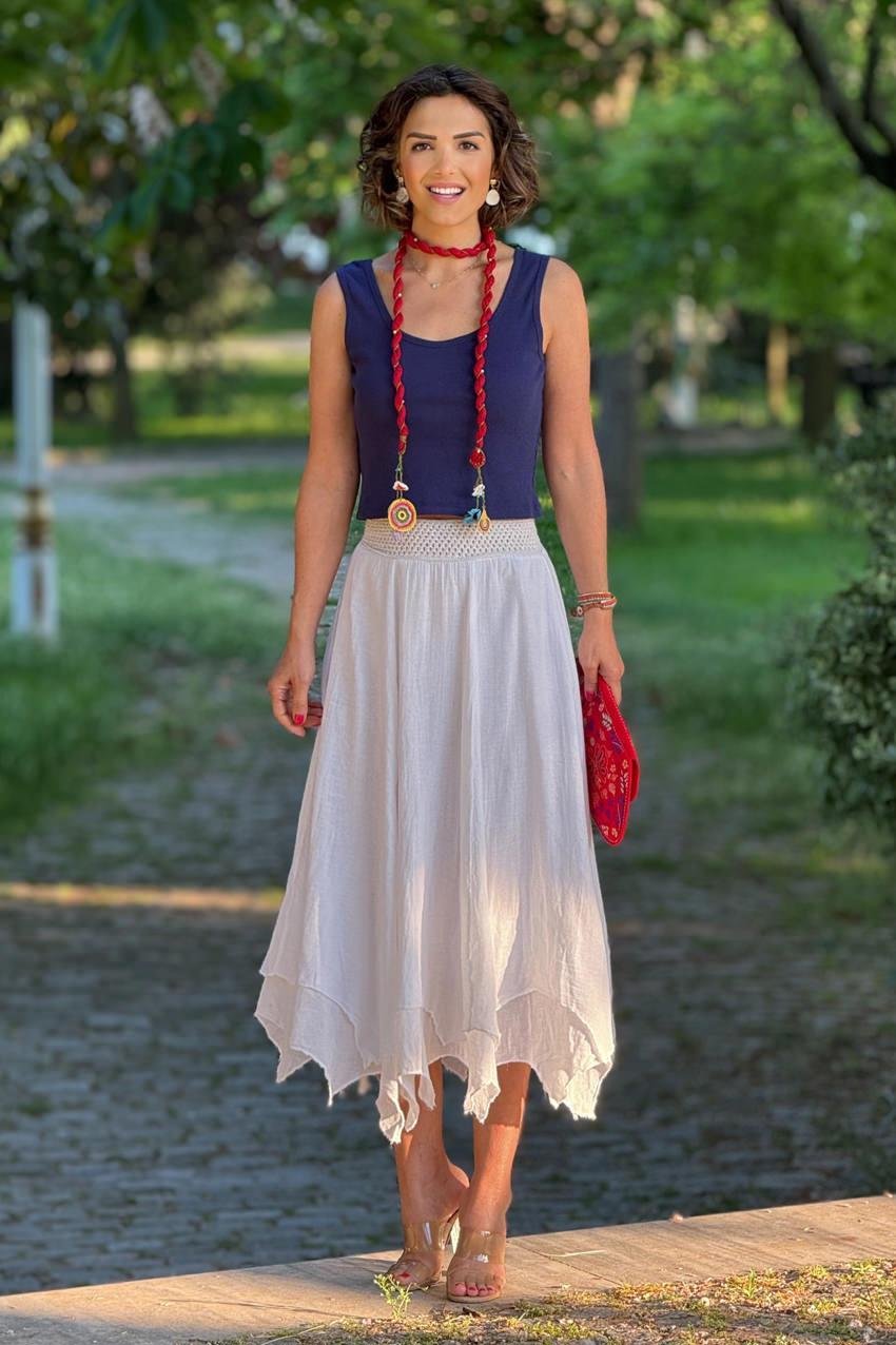 Beyaz Asimetrik %100 Pamuk Astarlı Etek